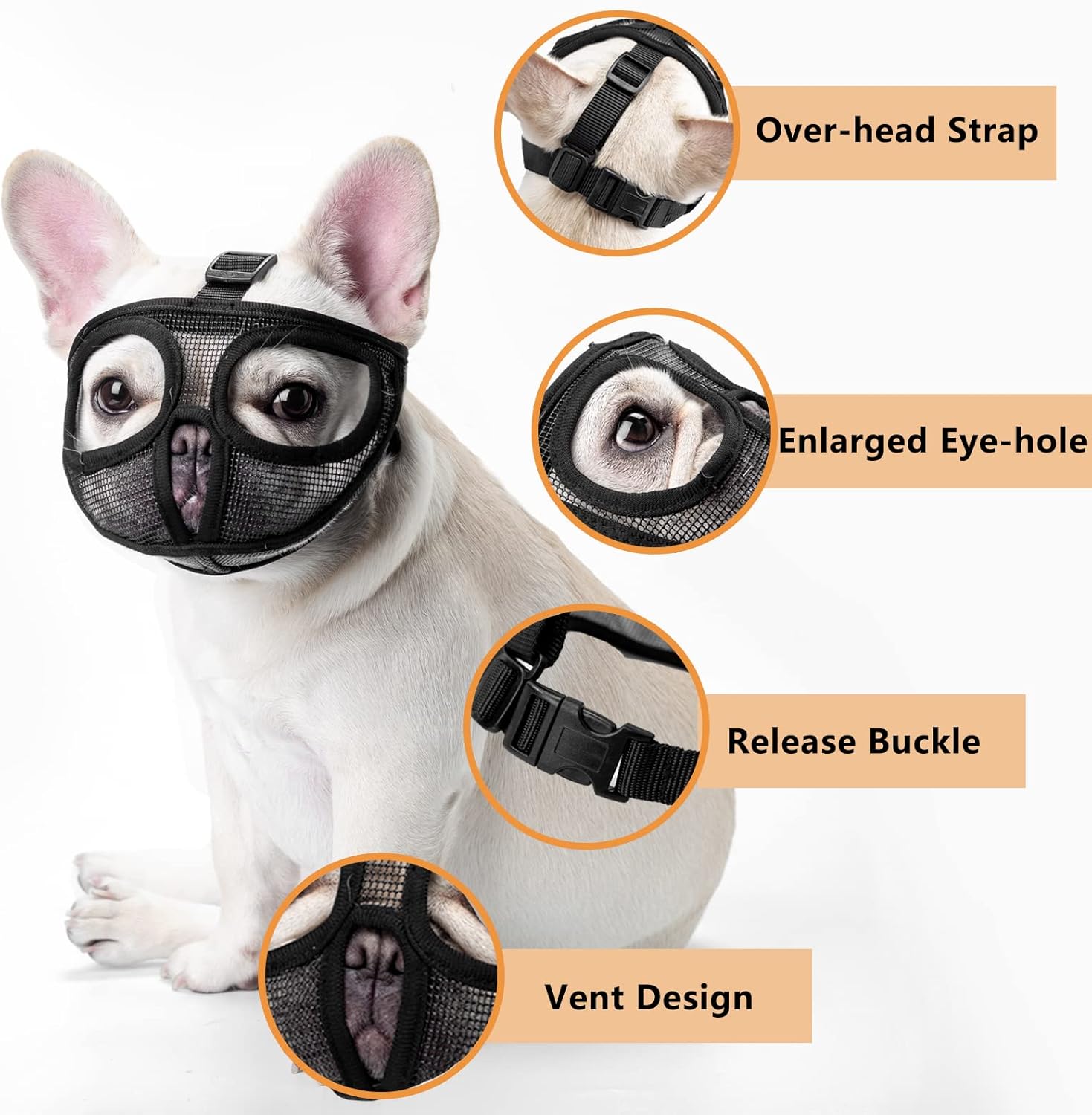Bozal corto para perro, ajustable que no cubre los ojos, bozal de malla para morder, masticar lamer (XL, negro)