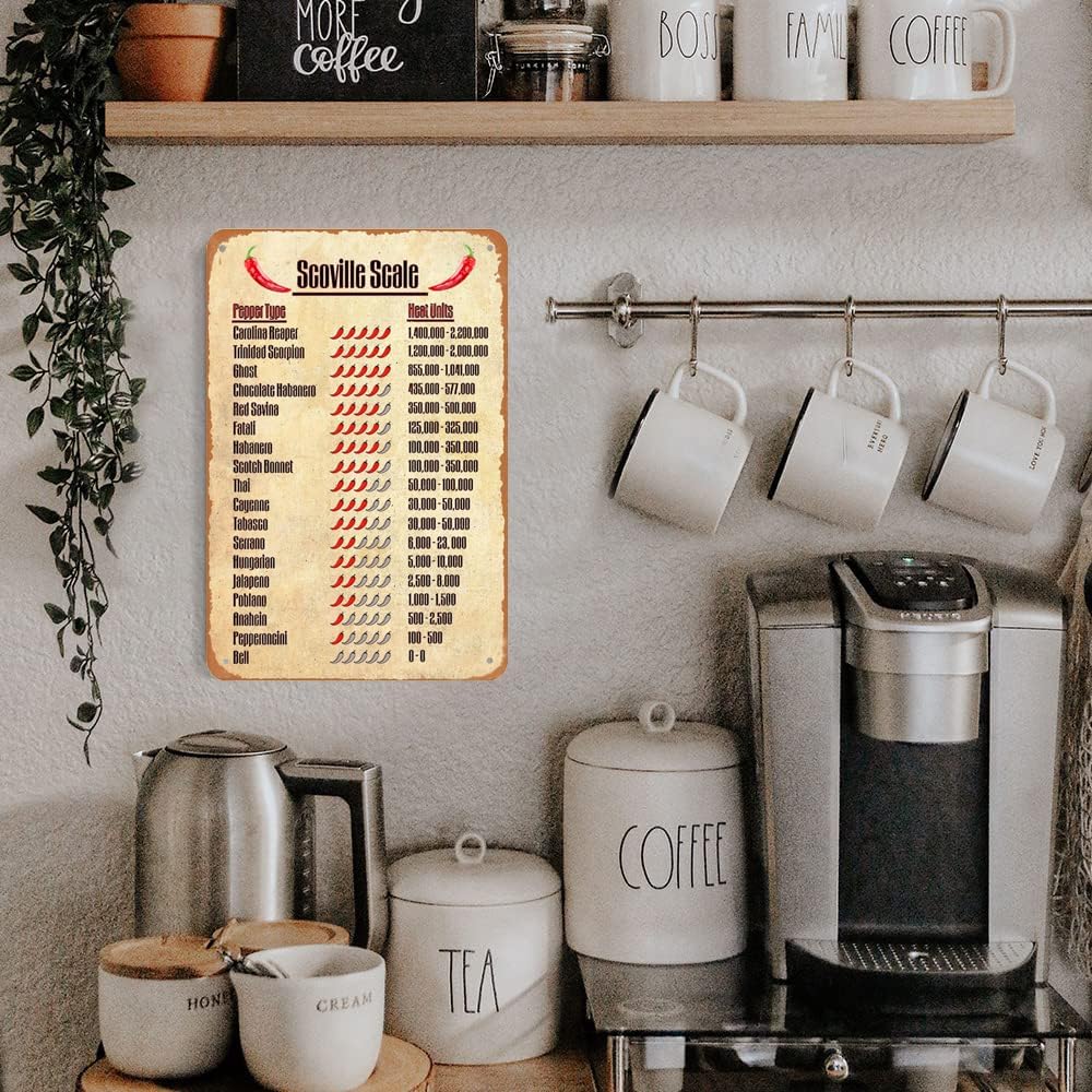 Scoville Scale Pepper – Cartel de cocina divertido con unidades de calor, arte de pared, letrero de lata de metal, decoración de pared, letreros de