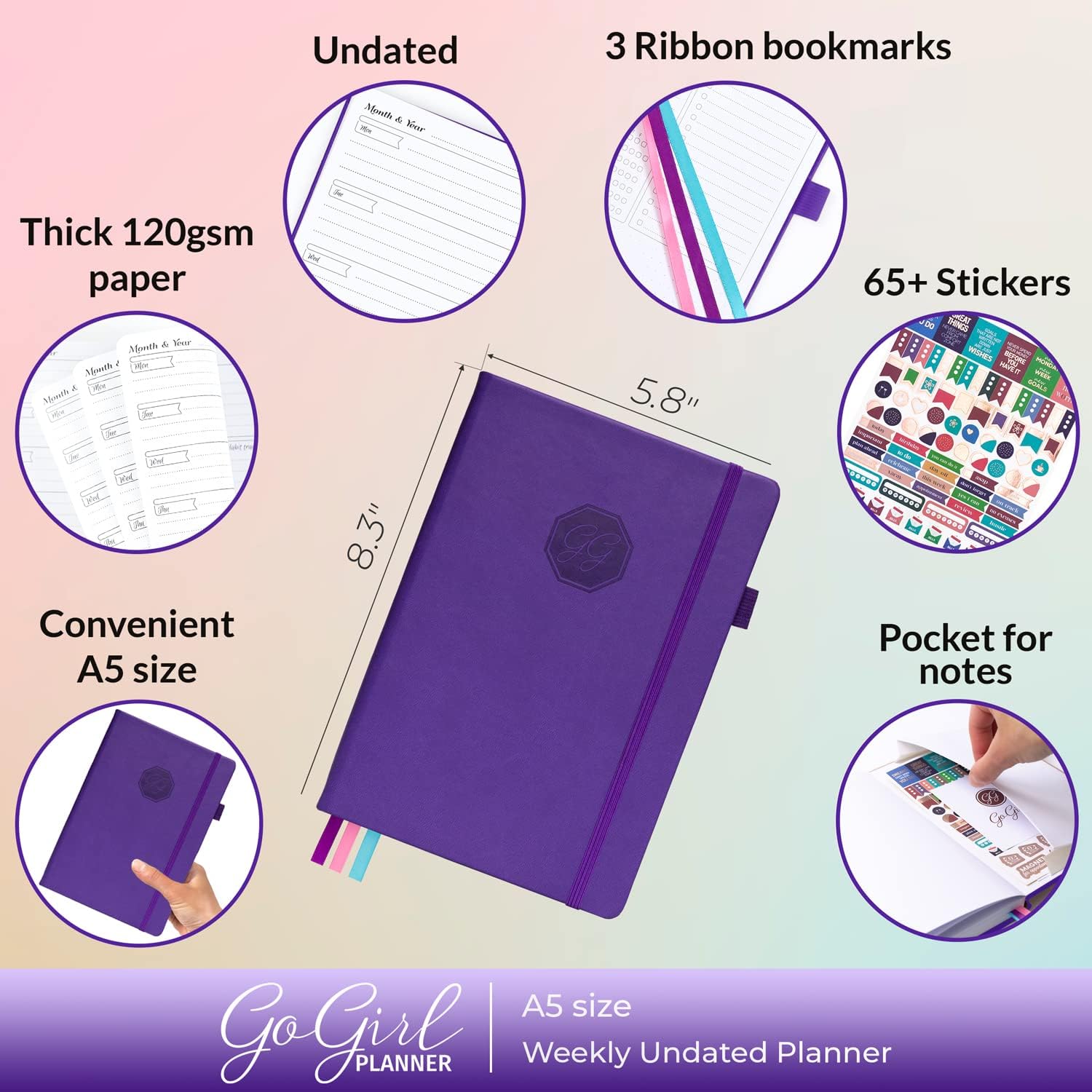GoGirl Planner – Agenda y organizador para mujeres, sin fechas, comienza en cualquier momento, dura 1 año, 13.4 x 19.5 centímetros.