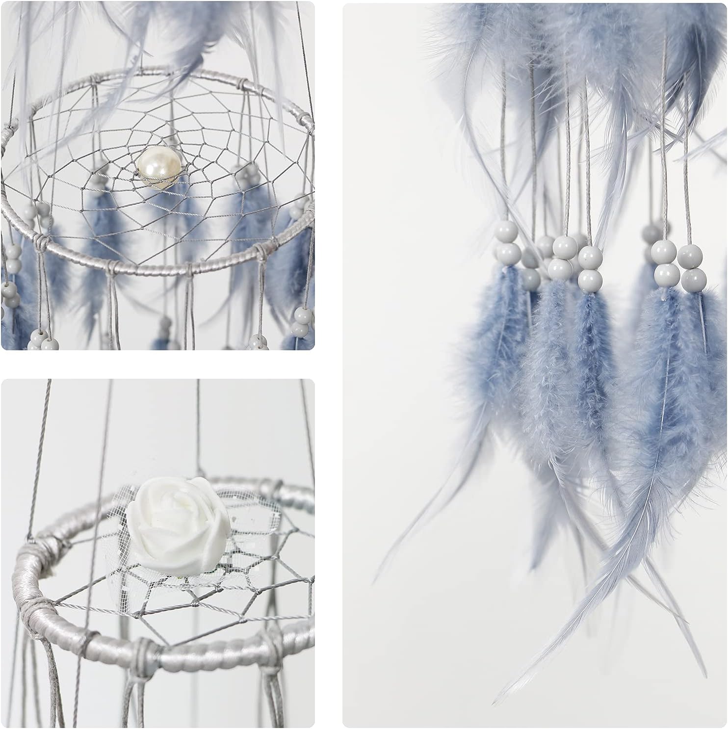 Dremisland Atrapasueños de plumas blancas de doble círculo con luces LED móviles, adornos para colgar en la pared, decoración de techo para