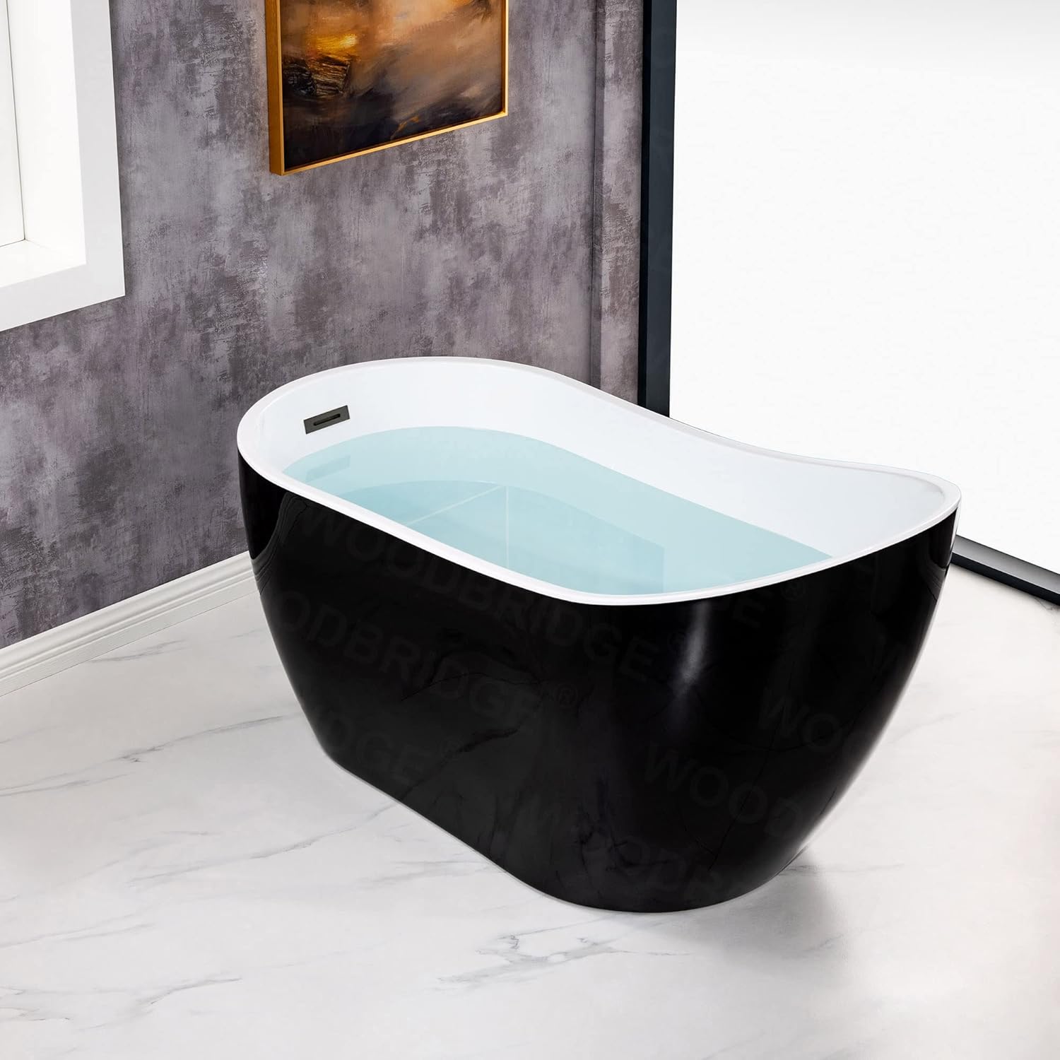 WOODBRIDGE Bañera de acrílico independiente de 54 pulgadas, bañera negra de remojo contemporáneo con desbordamiento y drenaje negro mate, BTA1807-MB