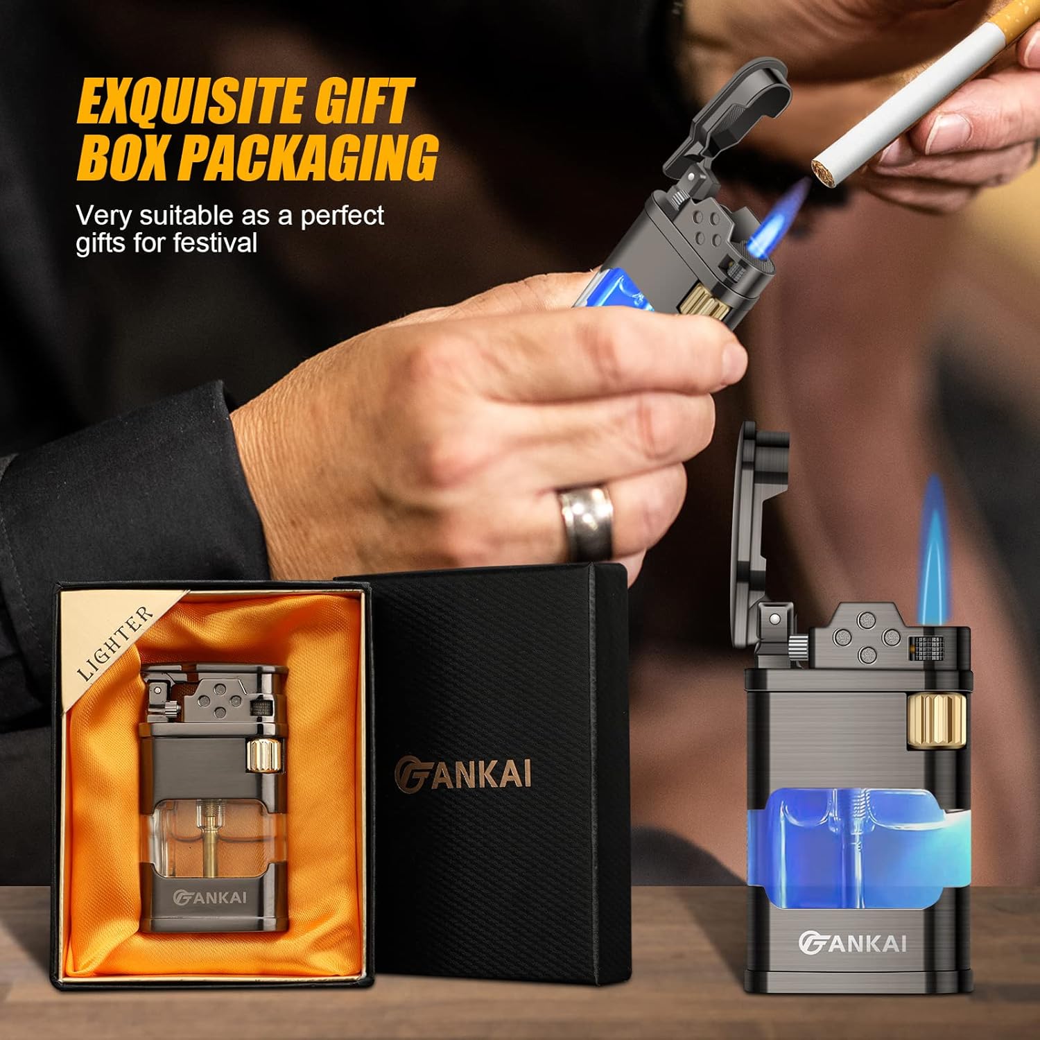 FANKAI – Encendedor de butano con luz LED, encendedor de butano de un solo chorro con 6 pedernales reemplazables, encendedores fríos recargables con
