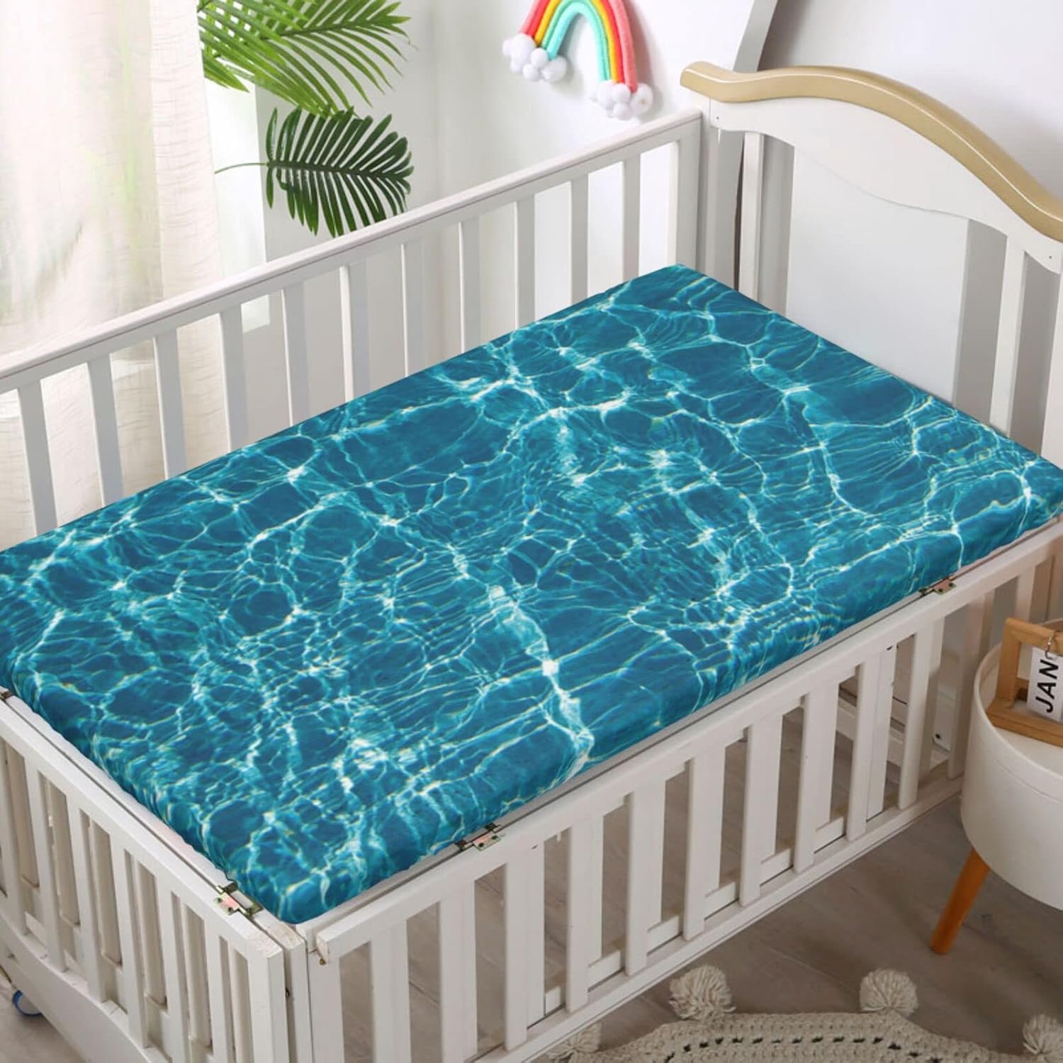 Sábanas bajeras ajustables para cuna pequeña con temática oceánica, sábanas portátiles para cuna para niño o niña, 24 x 38 pulgadas, turquesa