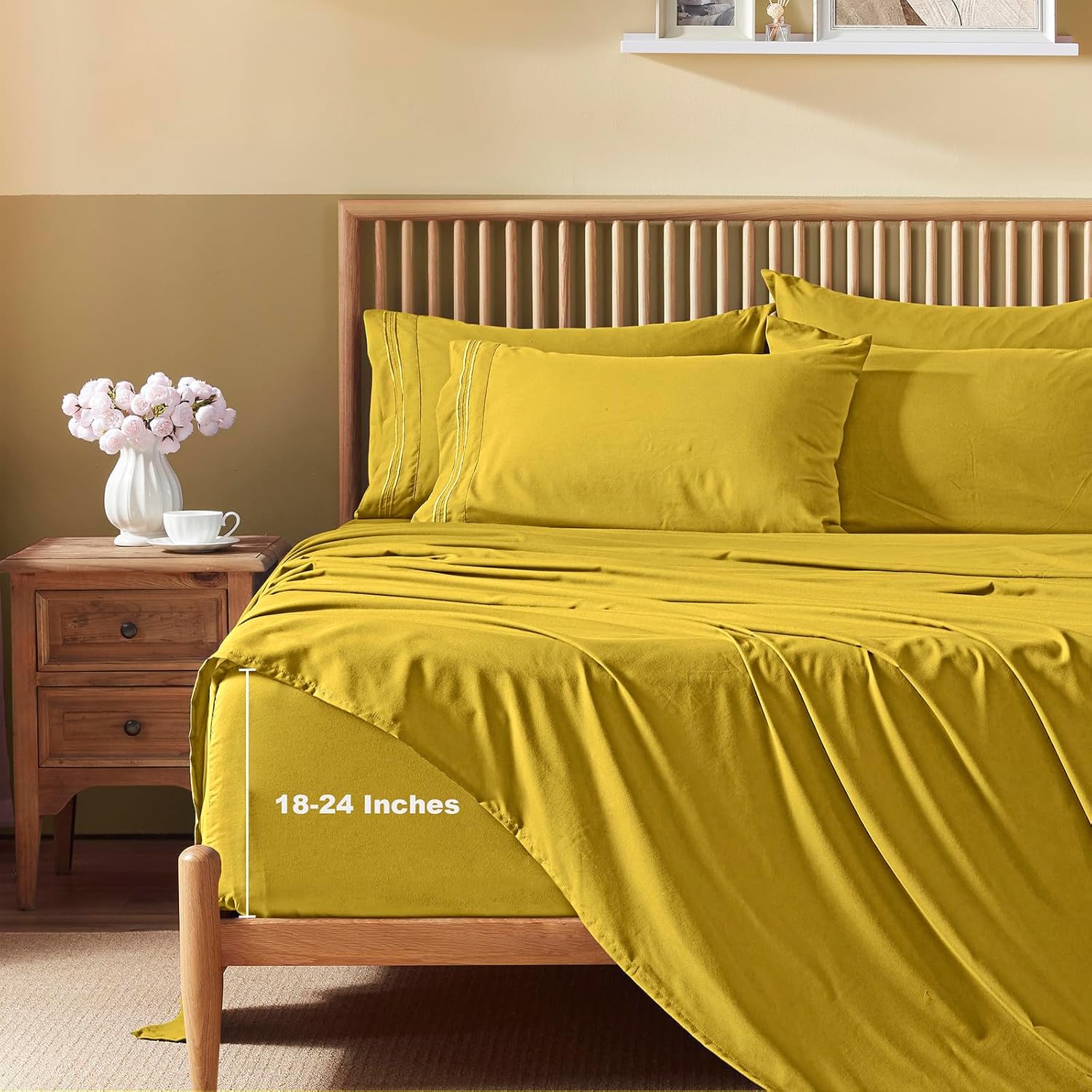 Homiest Juego de sábanas de bolsillo extra profundo, 6 piezas de sábanas suaves de color amarillo mostaza de 18 a 24 pulgadas, sábanas de microfibra