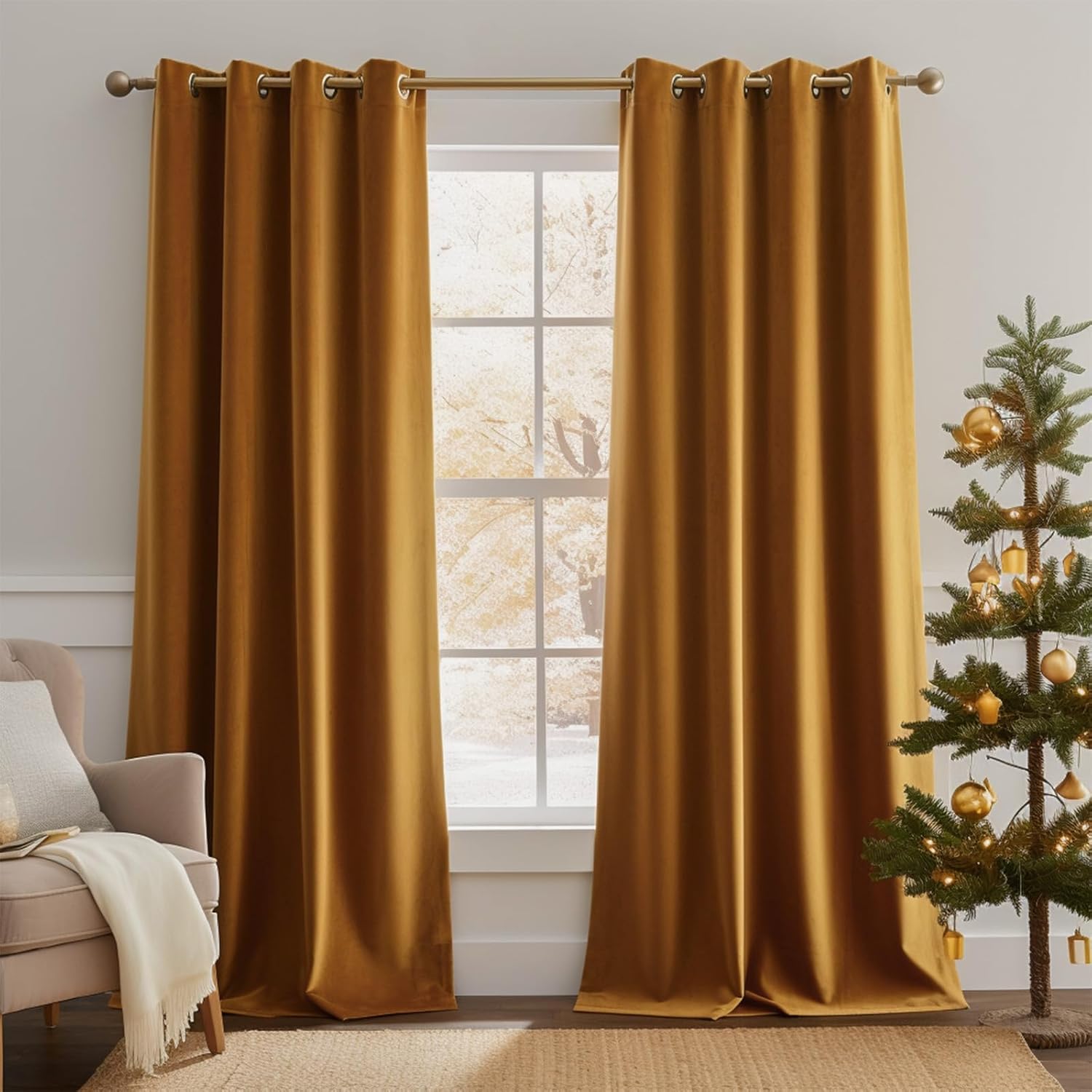 Lazzzy Cortinas opacas de terciopelo dorado con aislamiento térmico de 90 pulgadas de largo, cortinas para dormitorio, sala de estar, tratamiento de