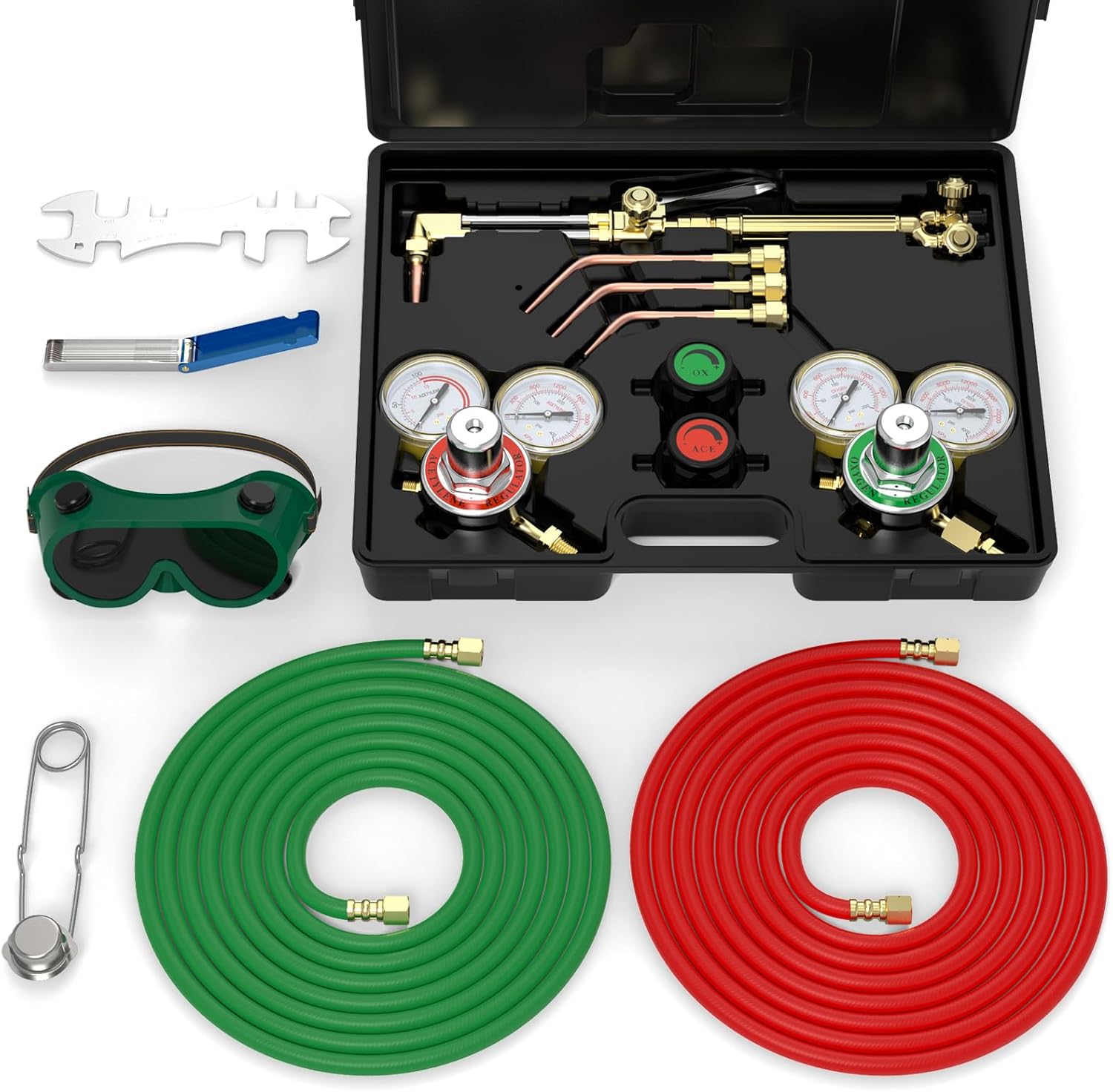 TOOLIOM Kit de antorcha de oxígeno y acetileno, juego de soplete de soldadura de corte de gas, herramientas de soldador con calibradores