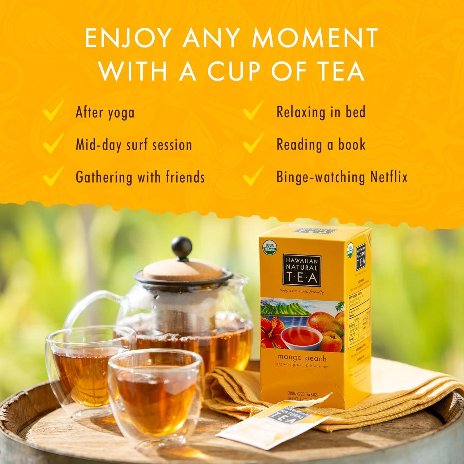 Té natural hawaiano con sabor a melocotón y mango – Mezcla de té verde de frutas tropicales con té negro – Taza diaria perfecta y regalo para los