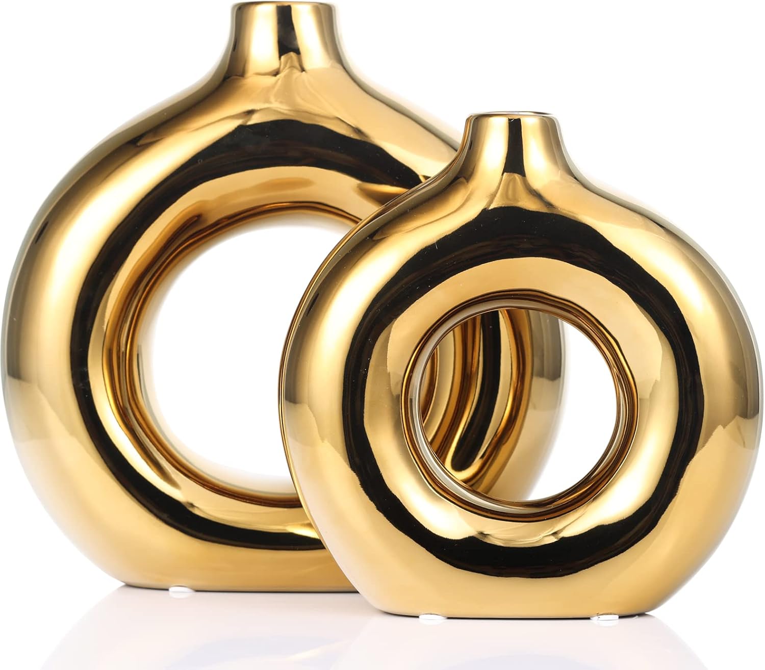 Jarrón dorado, moderno juego de jarrón de cerámica dorado brillante, 2 jarrones pequeños, decoración dorada lujosa para el hogar, ideal para centros