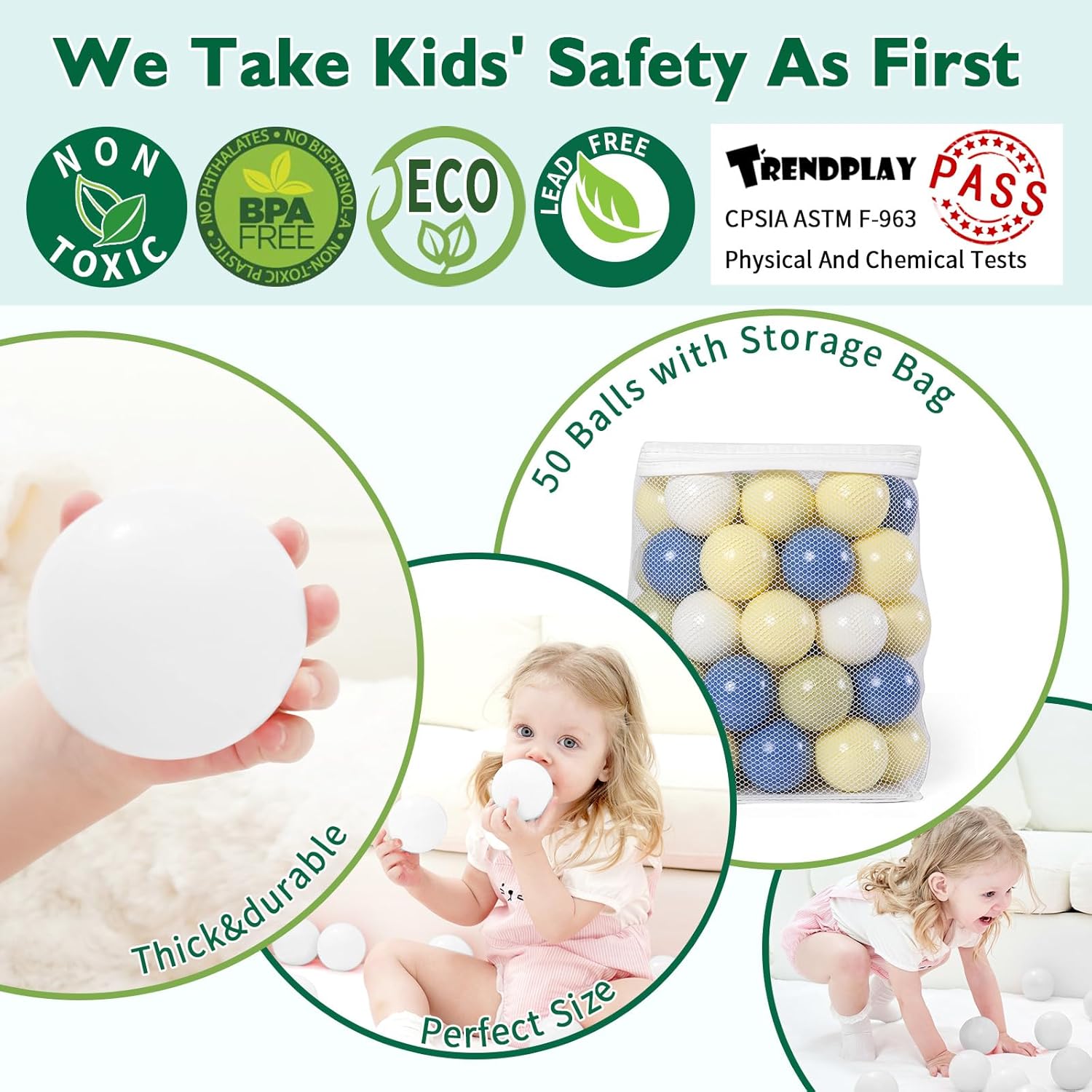 TRENDPLAY Big Ball Pit Balls  Diversión de 2.75 pulgadas para el desarrollo sensorial y físico de los niños, crema+verde matcha+amarillo caramelo +