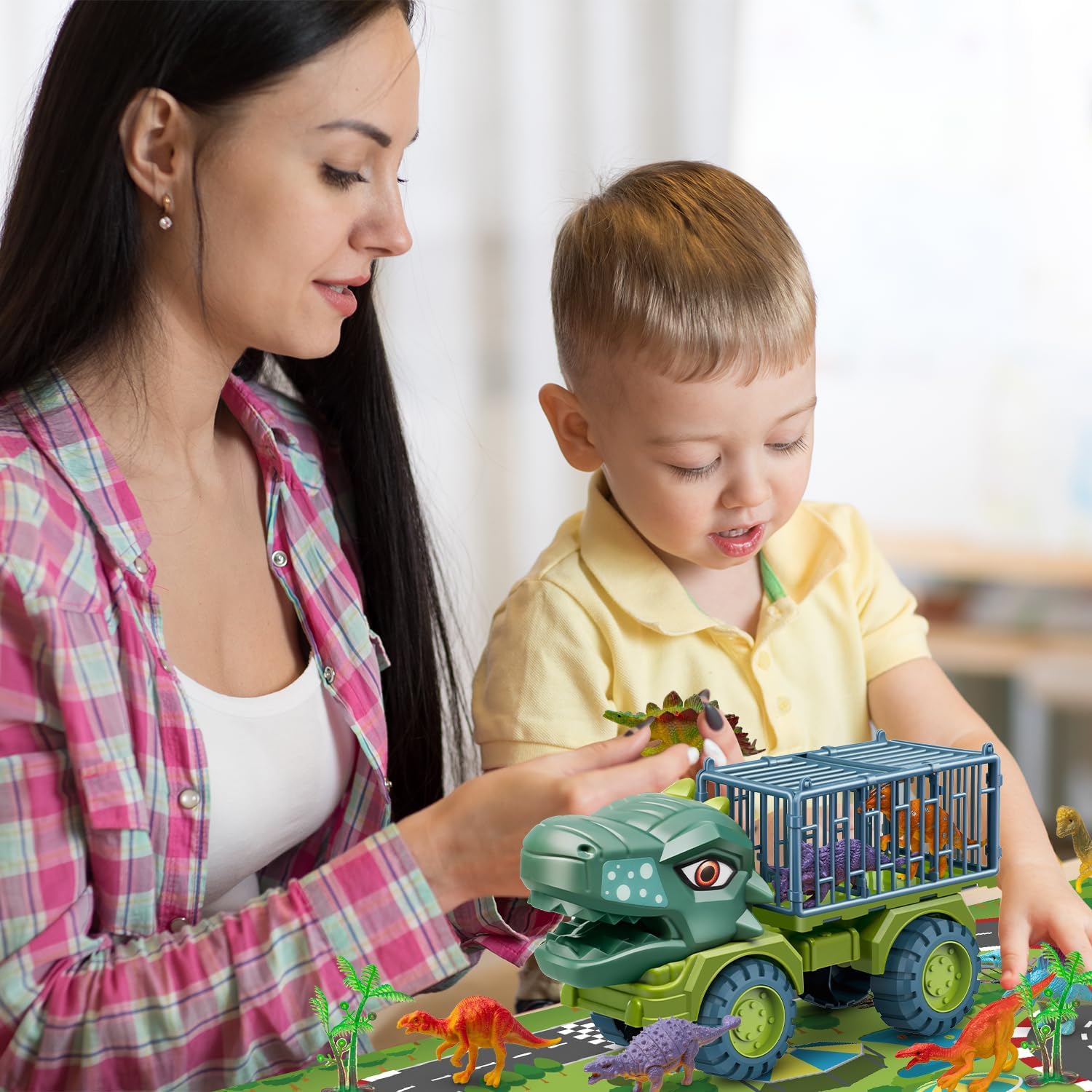 Juguetes de camión de dinosaurios para niños de 3 a 5 años, vehículo de transporte de tiranosaurio con 8 figuras de dinosaurios, juguetes de