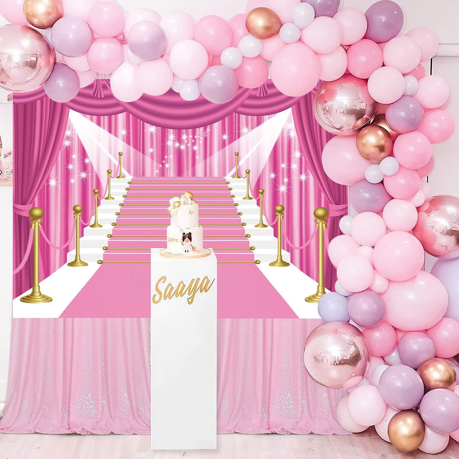 BINQOO Cortina de fondo rosa de 7 x 5 pies para baile de graduación 2025, alfombra grande, color rosa, estrellas, niña, fiesta, fotografía, fondo