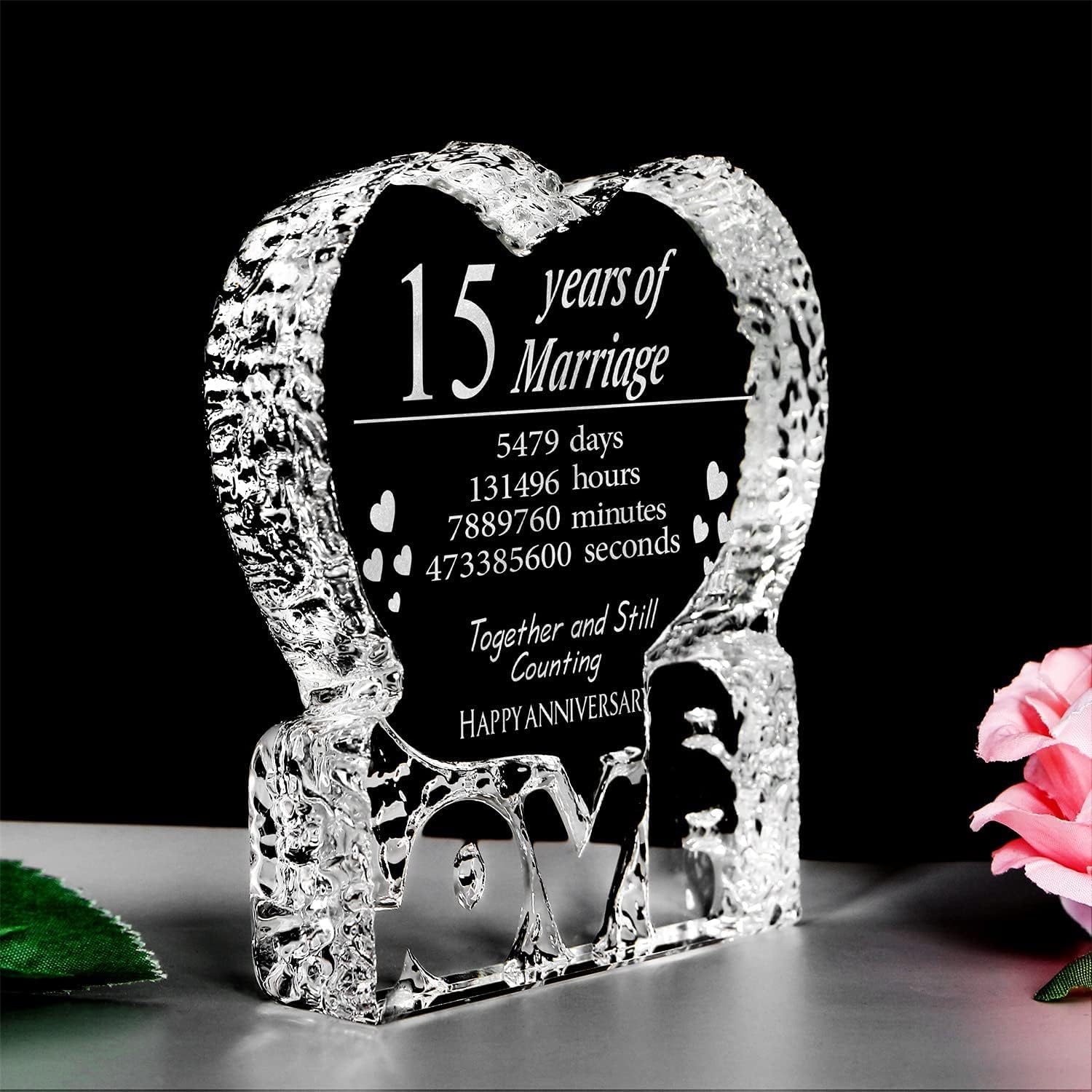 KWOOD Cristal grabado personalizado en forma de corazón, regalo de boda de 15 aniversario para parejas, esposa, novia, marido, novio (15 aniversario)