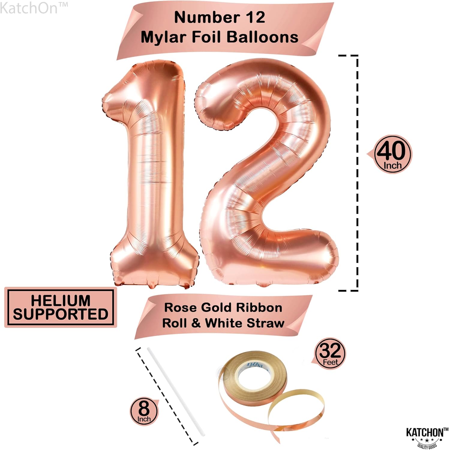 KatchOn, Cortina de flecos de oro rosa extra grande  Paquete de 2  Fondo de oro rosa, globos de 12 cumpleaños  Globos de oro rosa con el número 12
