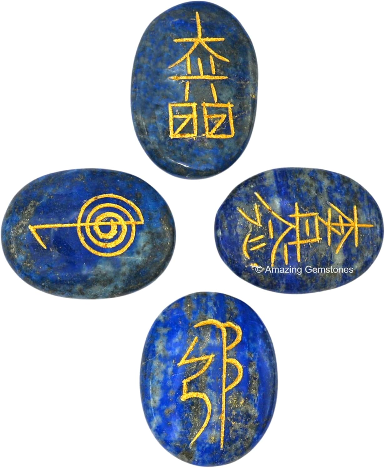 Piedras de reiki de cristal de lapislázuli con símbolos grabados para curación Usui Reiki, juego de 4 piezas (juego de regalo de reiki hecho a mano