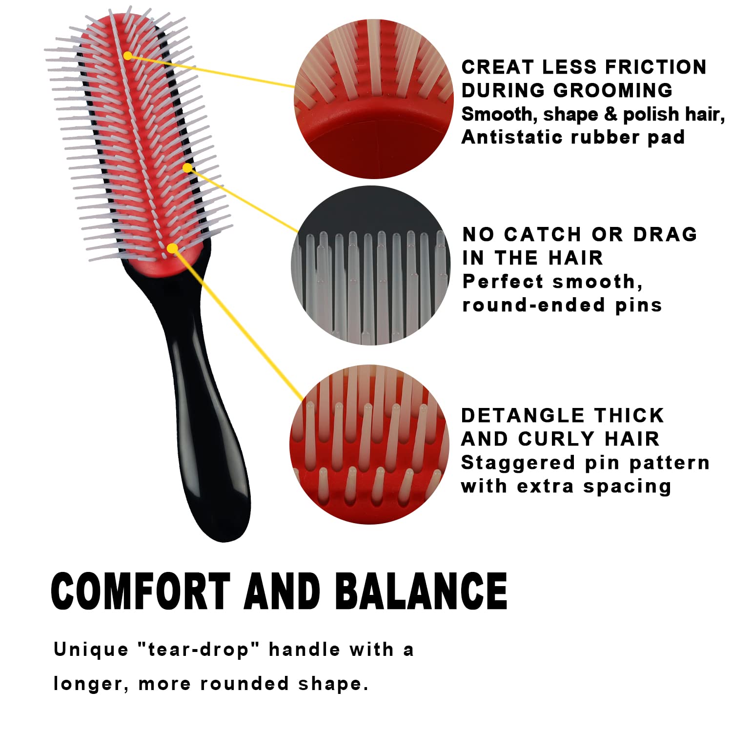Cepillo de pelo clásico para cabello rizado húmedo o seco. Cepillo negro de 9 filas para desenredar, separar, dar forma