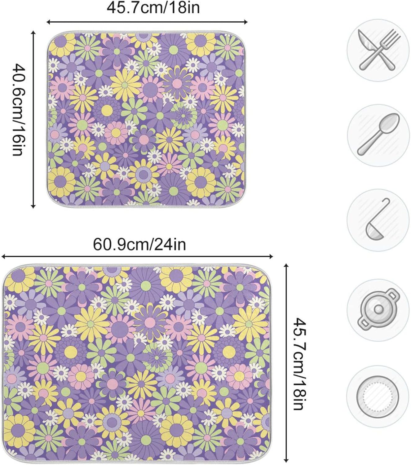 Colorful Flowers Painting Dish Mat Washnable Absorbent Kitchen Countertop Decor Countertop Protector Heat Resistant Tapete Para Cocina 16” x 18”