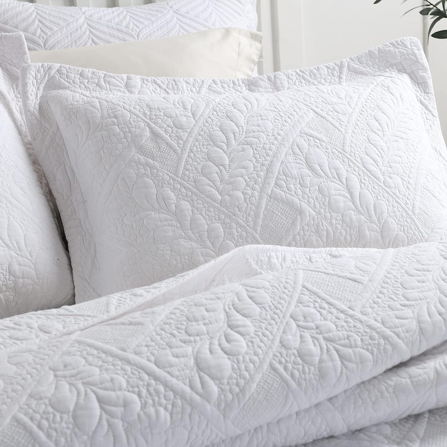Brandream Juego de 2 fundas de almohada acolchadas de algodón con hojas blancas, tamaño estándar, cómodas, suaves y decorativas