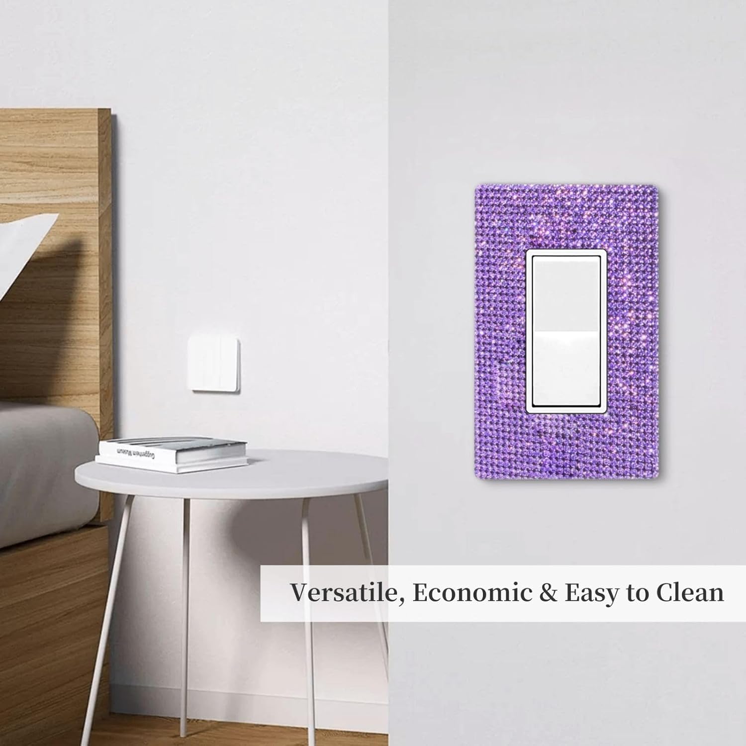 Cubierta de interruptor de luz con diamantes de imitación morados, 1 banda, salida de balancín individual, placas de pared brillantes con purpurina,