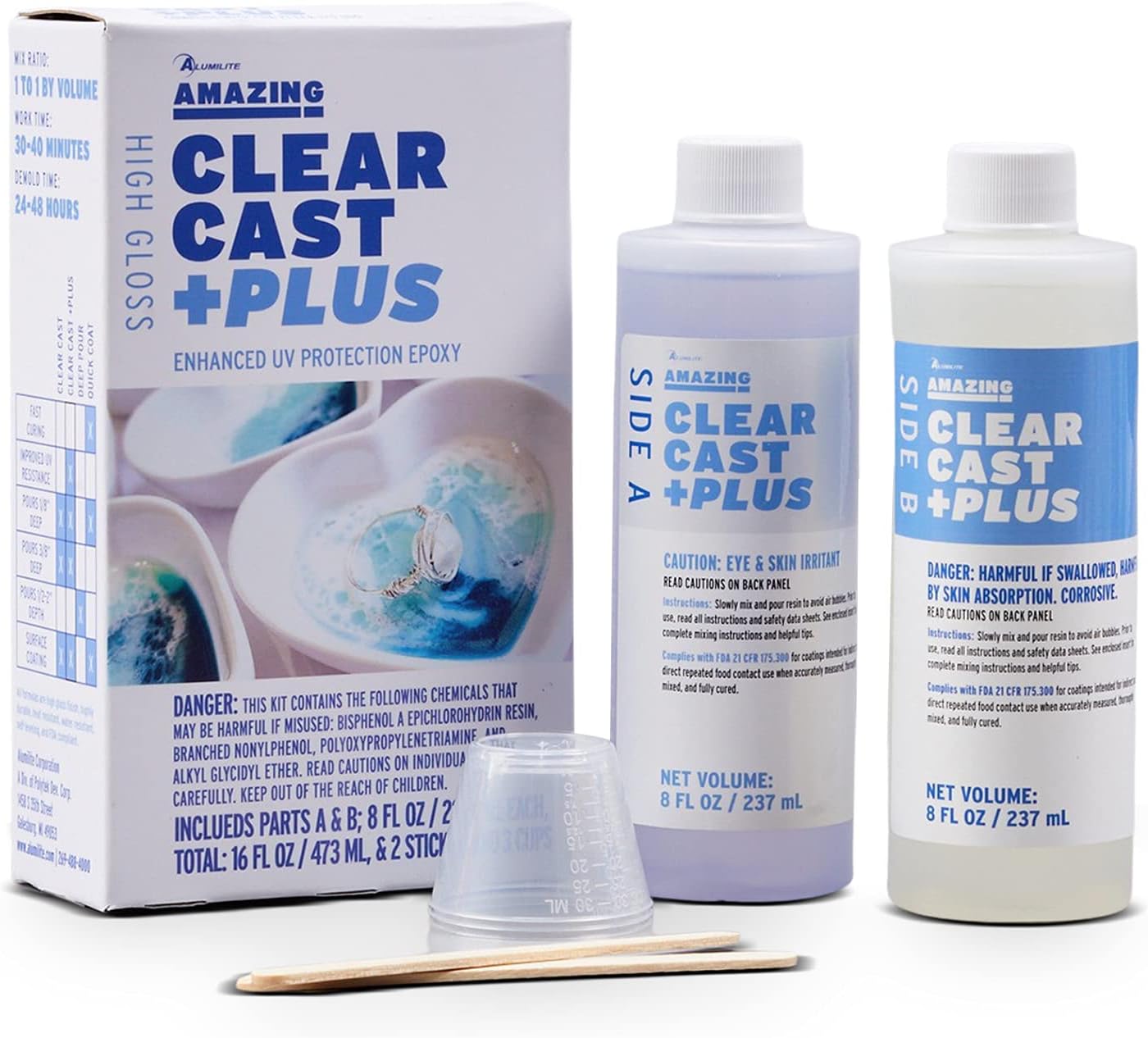 Alumilite Amazing Clear Cast Plus 8 oz A + 8 oz B (16 onzas) Kit de 2 partes Revestimiento de plástico resistente a los rayos UV y resina epoxi para