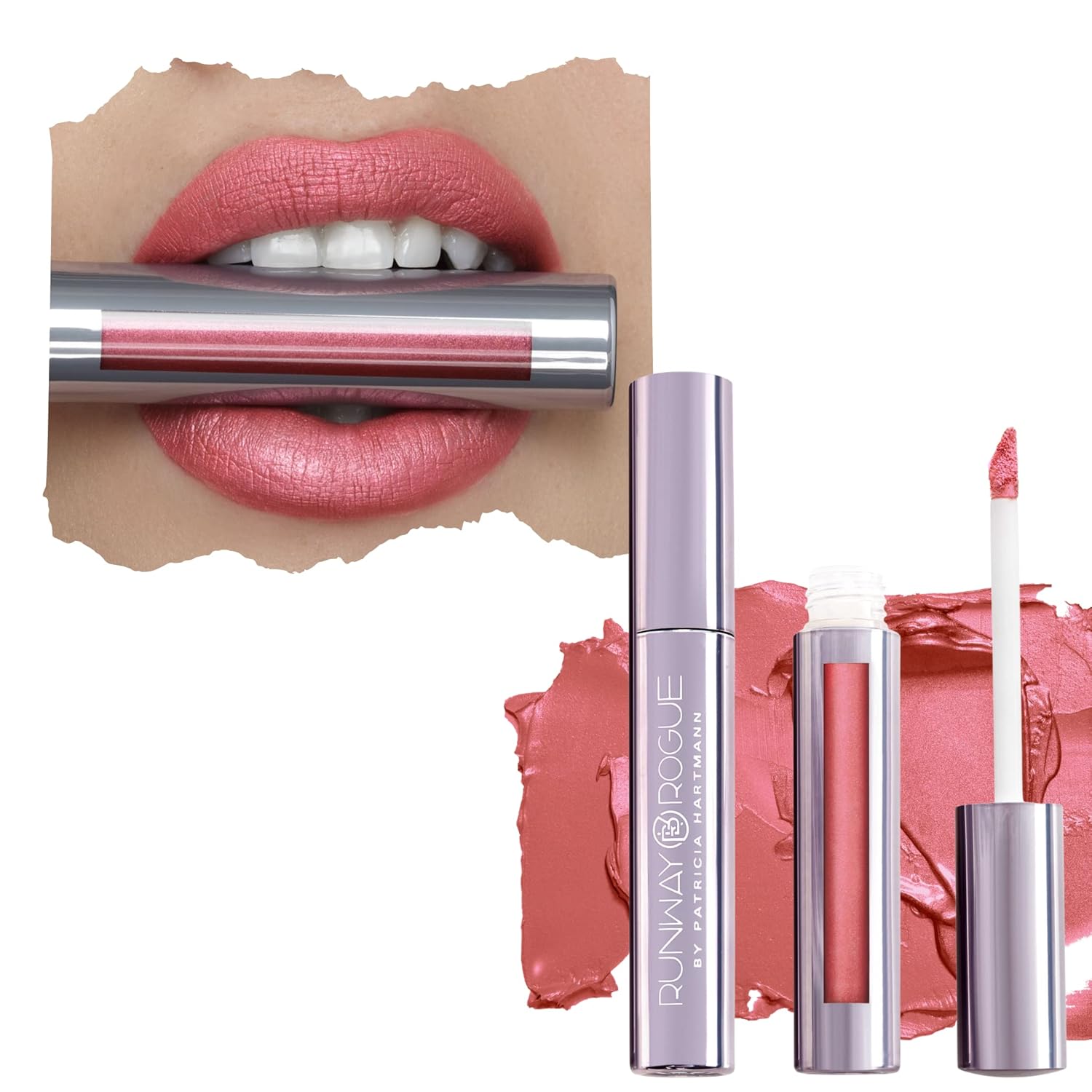 Runway Rogue Pearl Glam – Lápiz labial líquido de larga duración, color rosa coral con brillo plateado y dorado, ‘Starlet’