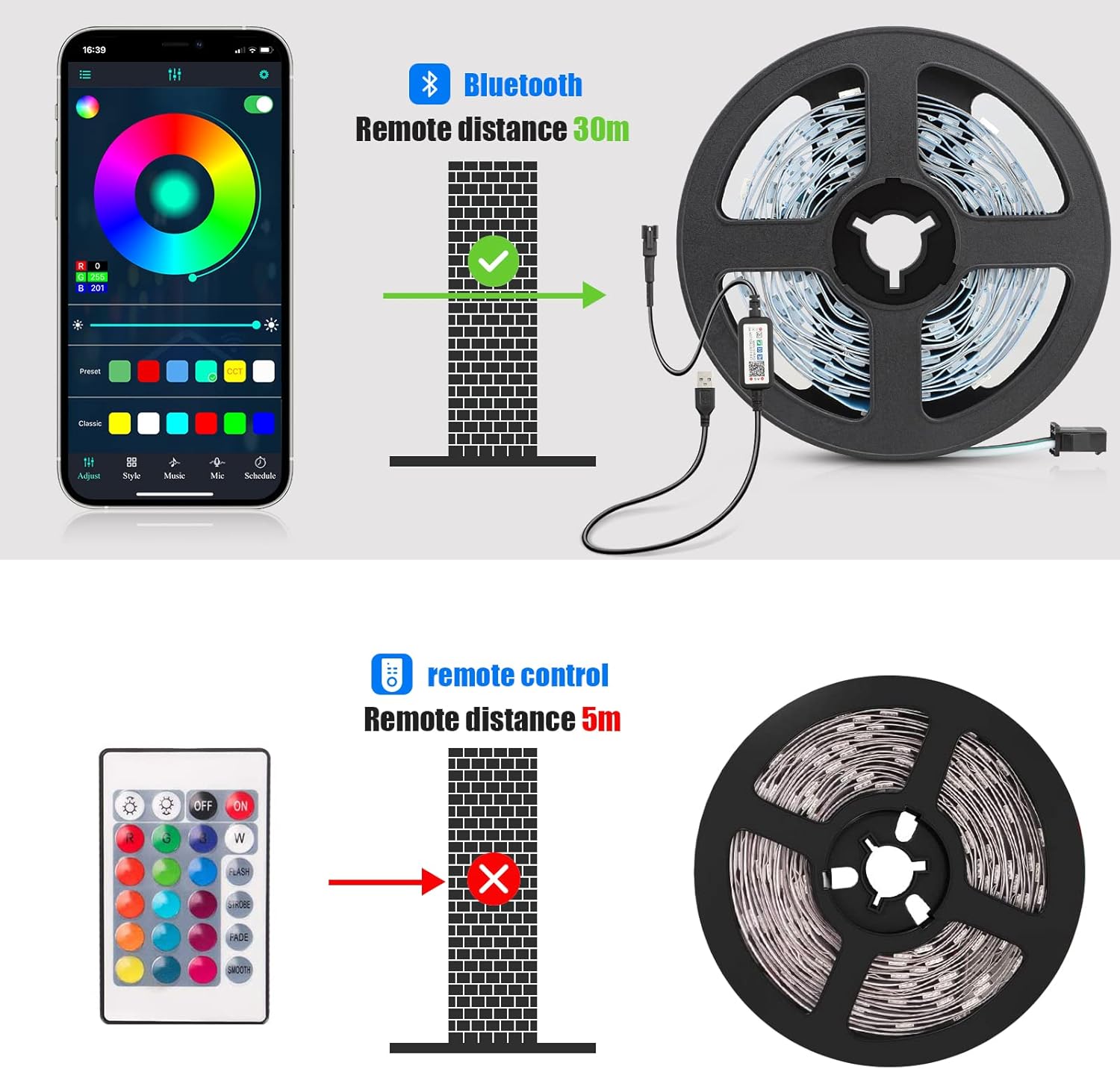 Diyife Tira LED inteligente multicolor cambiante, tira LED RGB más brillante de 9.8 pies, tira de luz LED Bluetooth 90 con control de aplicación,