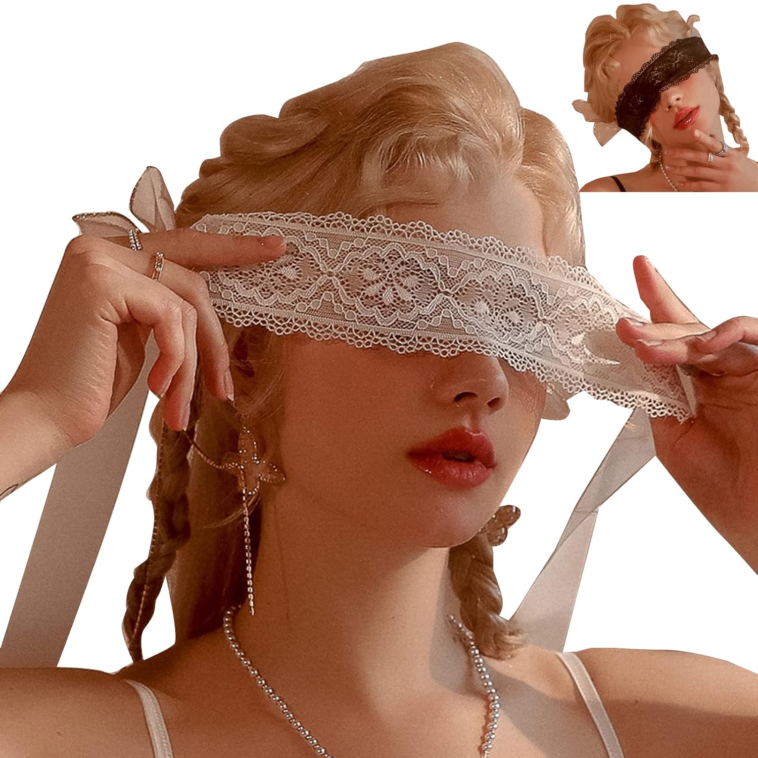 YOMORIO 2 máscaras de encaje con los ojos vendados para mascarada, accesorios de lencería sexy, accesorios de lencería color blanco y negro