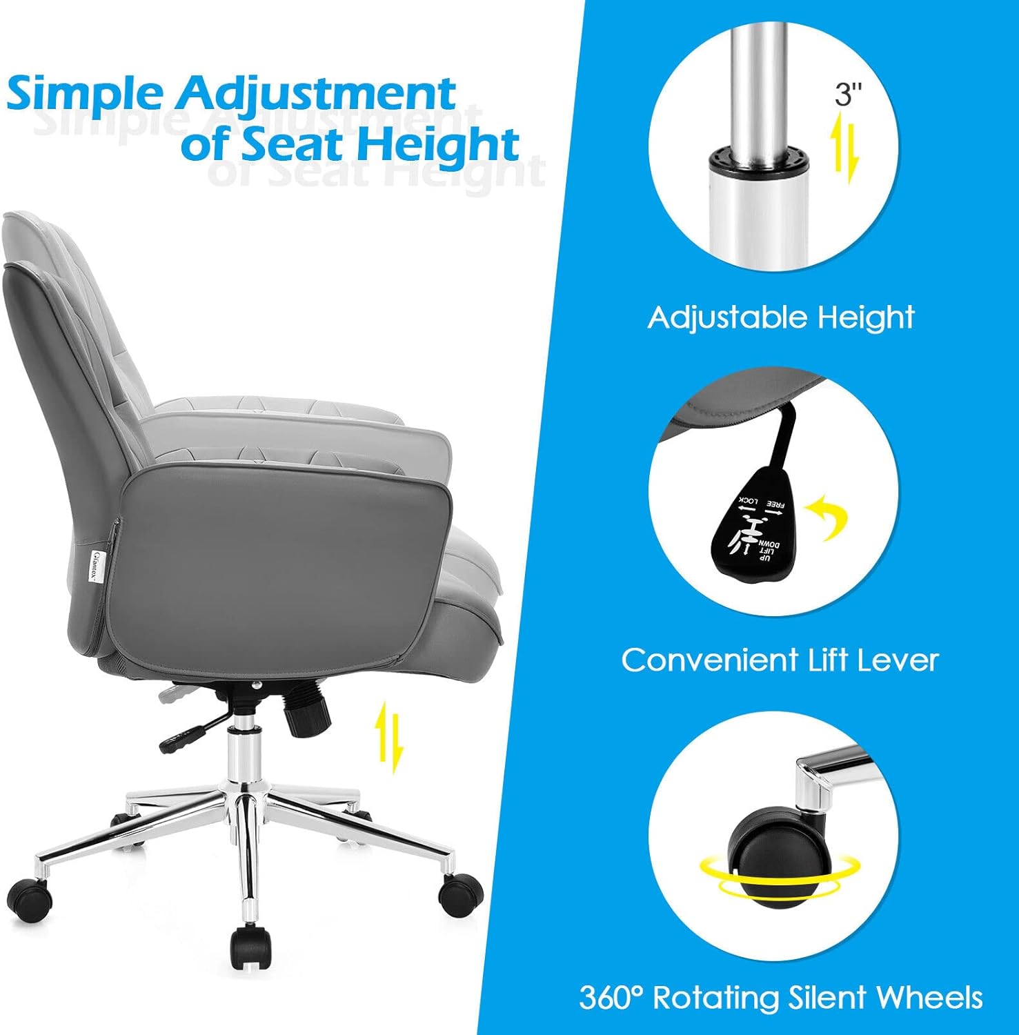 Giantex Silla de escritorio de oficina moderna, silla de acento ajustable de piel sintética con ruedas, silla de escritorio giratoria, silla de