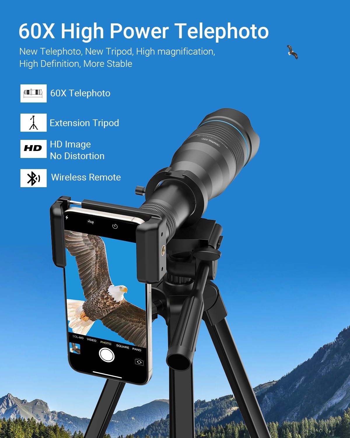 APEXEL Lente telefoto HD de alta potencia 60X, lente de teléfono celular móvil de alta potencia con trípode de extensión y control remoto