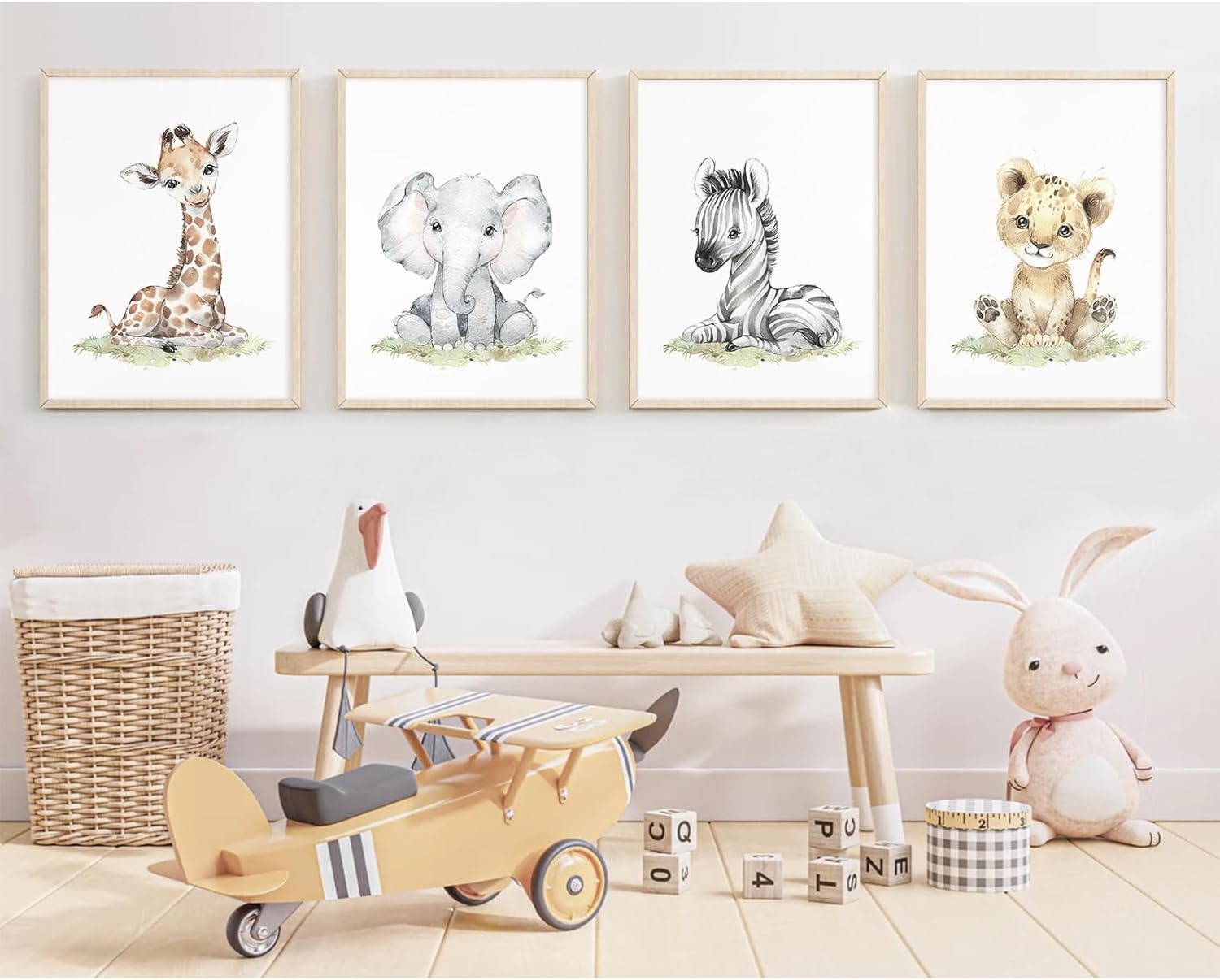 Arte de pared de safari para cuarto de bebé, lienzo de animales de bebé, decoración de pared de bosque y guardería, imágenes de animales de selva,
