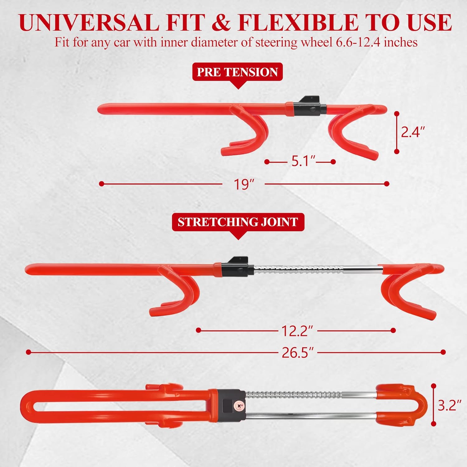 Cerradura antirrobo para volante, longitud ajustable, doble gancho, ajuste universal para coches, furgonetas, caravanas, SUV, camiones, rojo