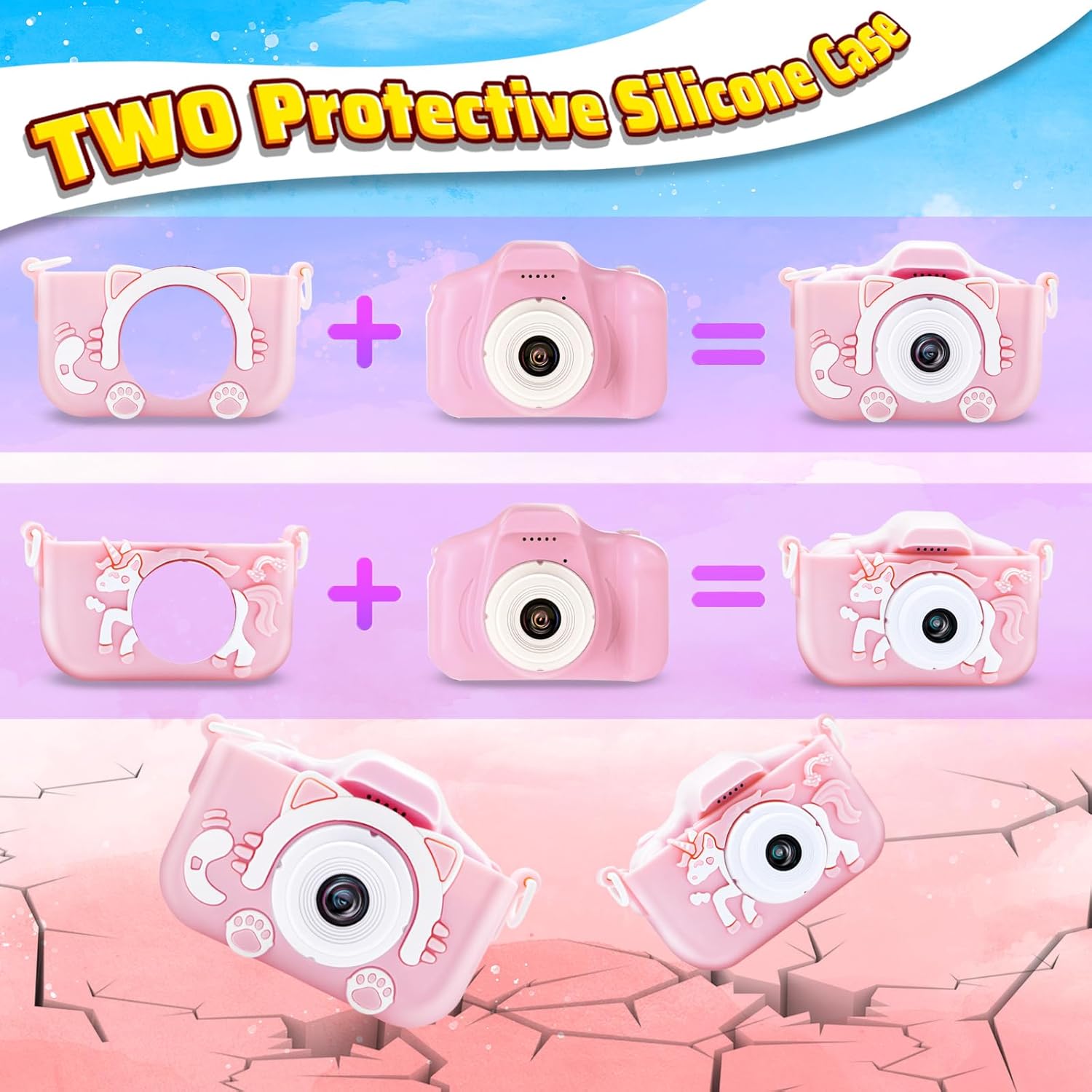 Pistroy Cámara para niños, juguetes de cámara para niños, 2 fundas protectoras de silicona para cámara digital HD, regalos de cumpleaños para niños