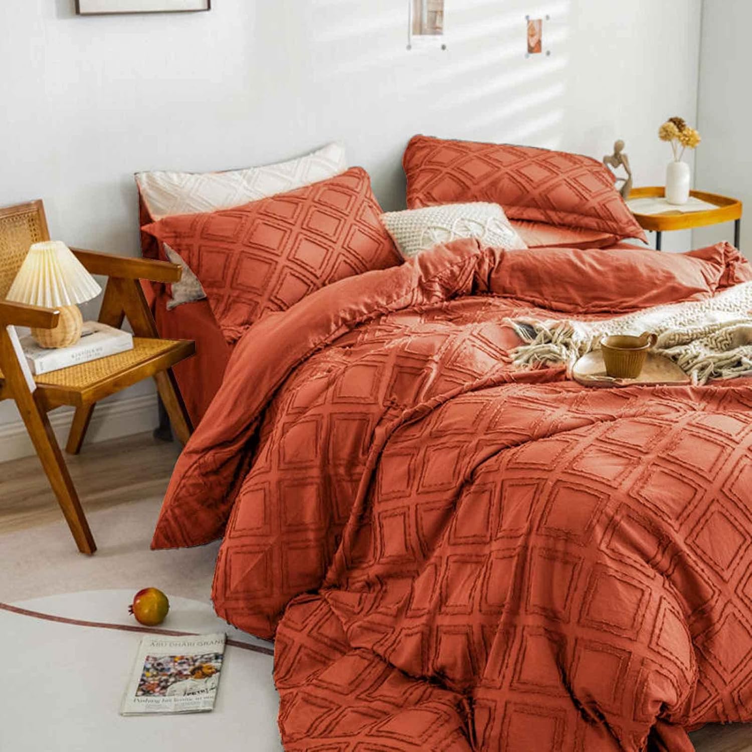 Nanko – Edredón tamaño King color naranja, bohemio, jacquard suave, desgastado y elegante, microfibra alternativa, todas las estaciones, edredón de