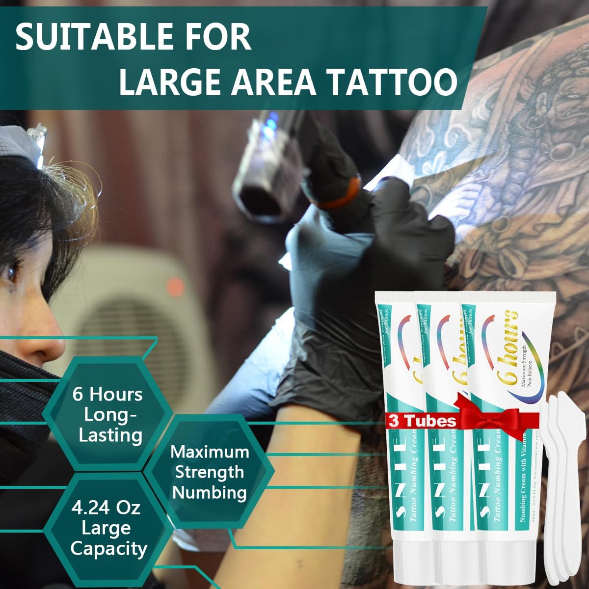 Crema anestésica para tatuajes extra fuerte, (6.35 oz) 3 tubos × 2.12 onzas 6-8 horas de larga duración crema adormecedora de tatuajes extra fuerte,