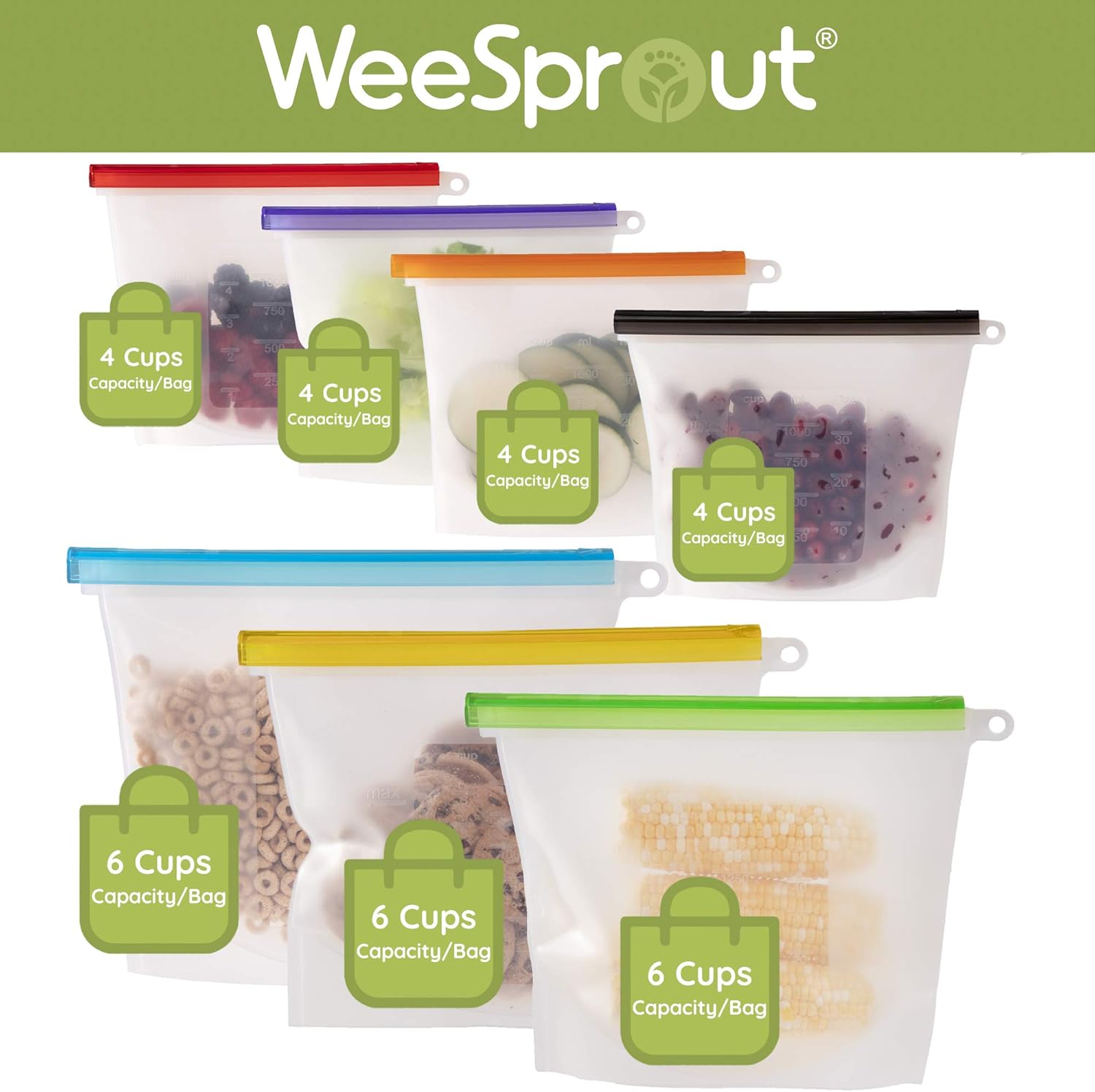 WeeSprout Bolsas reutilizables 100% de silicona para almacenamiento de alimentos, juego de 7 bolsas herméticas y a prueba de fugas (cuatro bolsas de