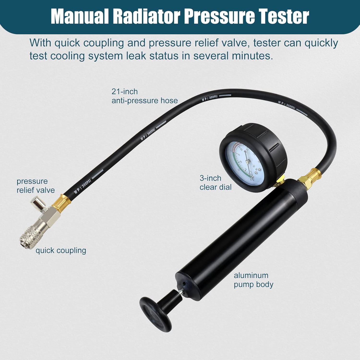 Kit de probador de presión del radiador, 18 piezas, herramienta de prueba de presión de bomba manual de tanque de agua automotriz y adaptadores,