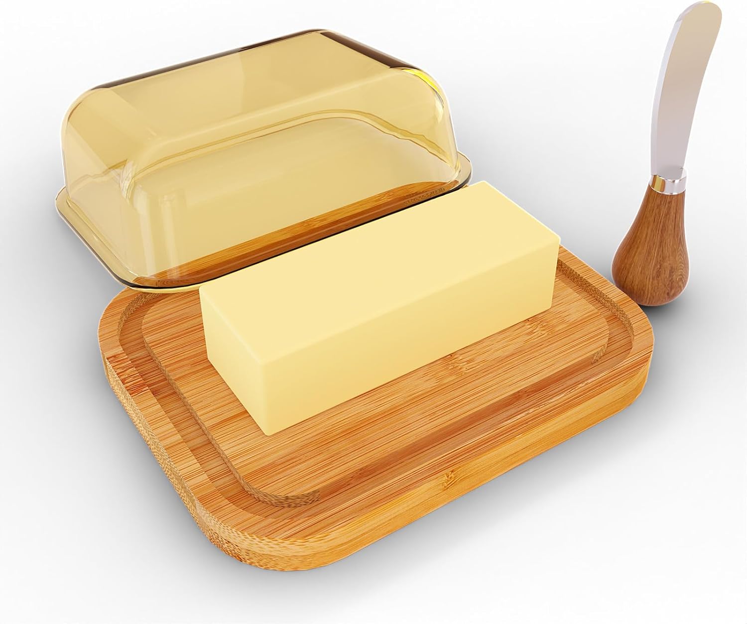 GorGin Mantequillera con tapa para frescura de encimera y refrigerador, plato de mantequilla de vidrio con plato de bambú grueso, bandeja de
