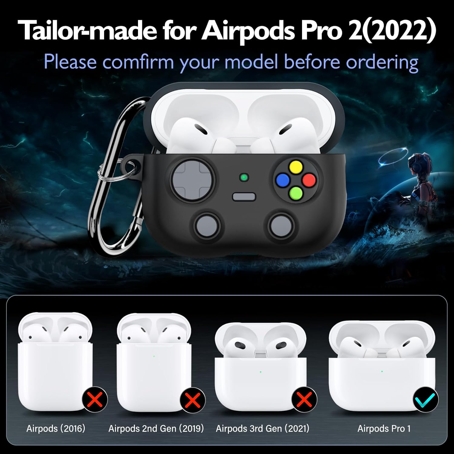 volport Funda para Airpods Pro de 2 generación Funda de silicona para Apple Air Pods Pro 21 generación con llavero, diseño de juego genial para