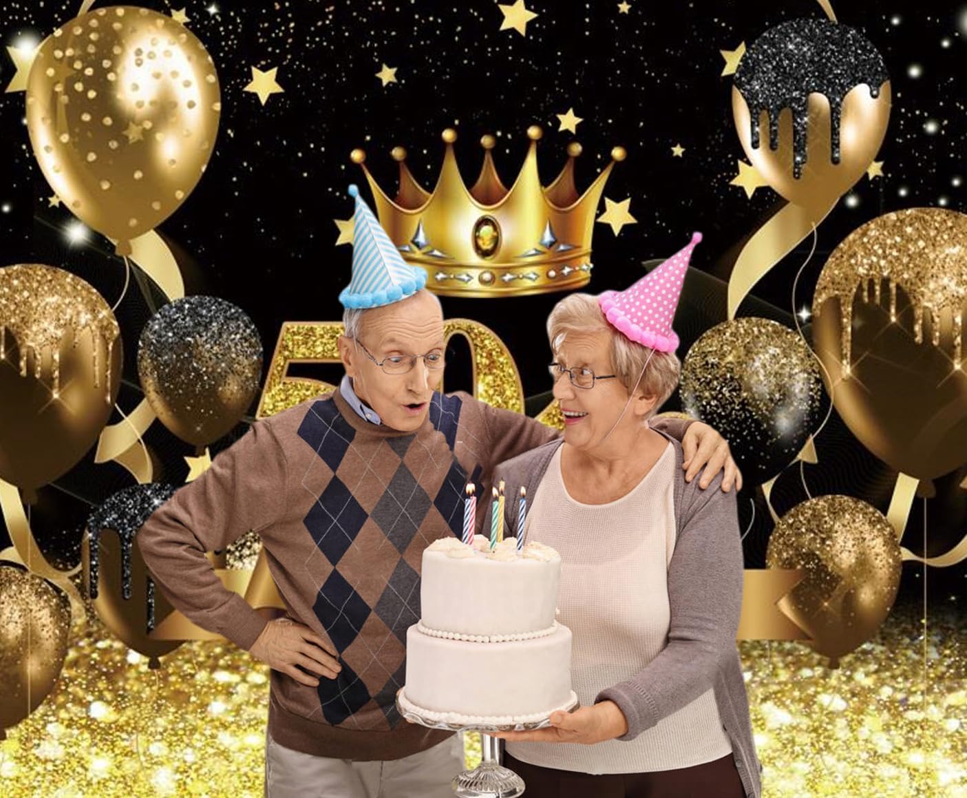 Telón de fondo para fotografía de cumpleaños número 50 para mujeres y hombres, globo con purpurina negra y dorada, telón de fondo para fotos de