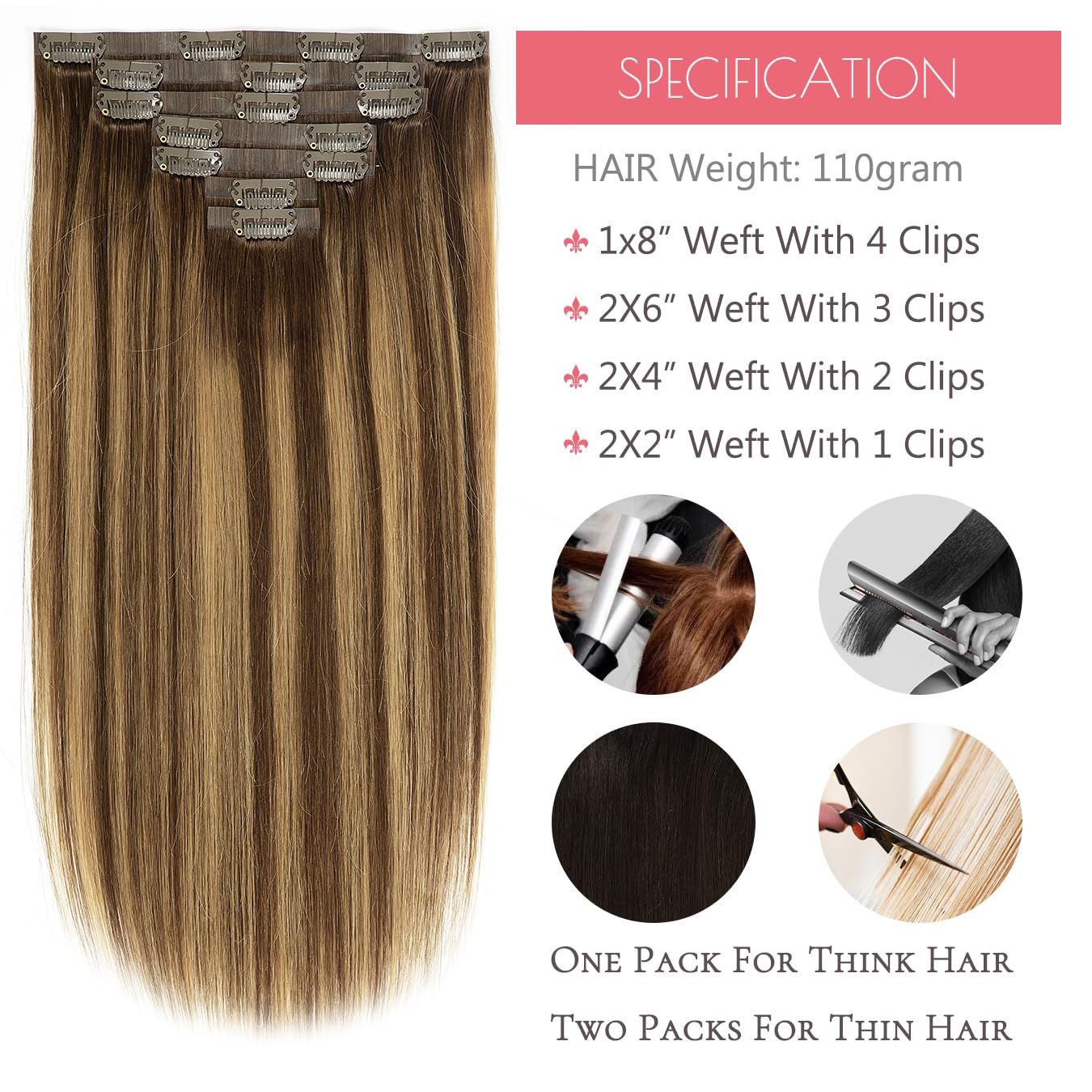 Loxxy – Extensiones de cabello humano Remy, sin costuras, con clip, color marrón chocolate mezclado con rubio caramelo, trama invisible de