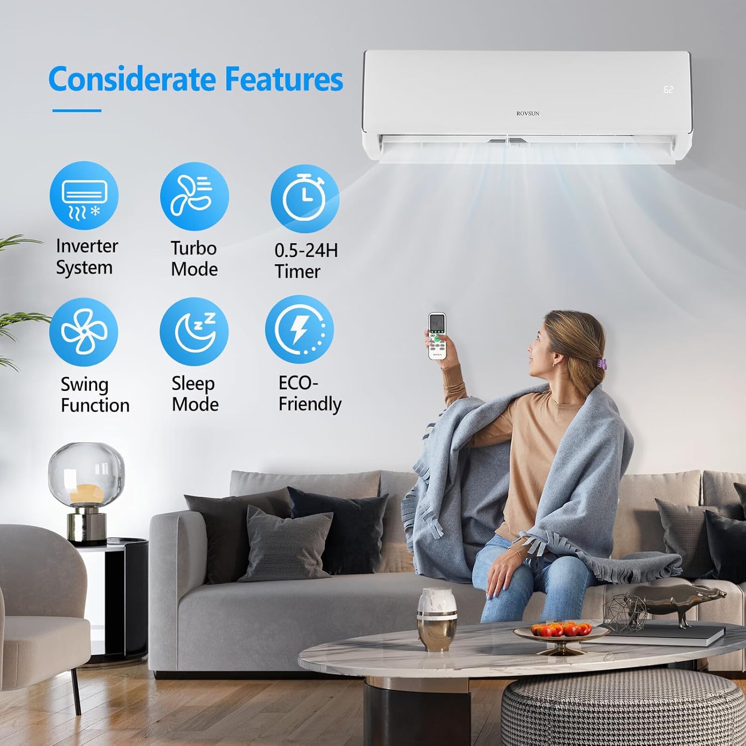 ROVSUN Aire acondicionado y calentador mini split habilitado para Wifi de 11000BTU, 17 SEER2 115V inversor de pared sin conductos, unidad de CA con