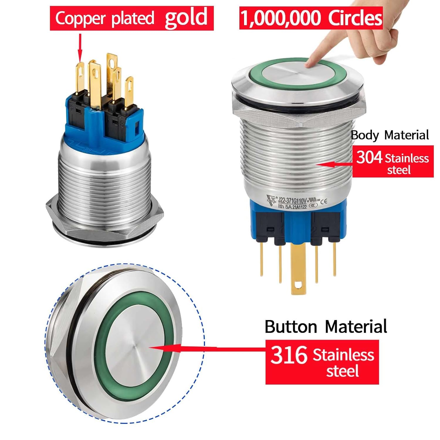 ZJWZJH Interruptor de botón de 0.866 in, 78 pulgadas, con pestillo, 110 V, 120 V, CA, orificio de montaje 1NO 1NC SPDT para encendido y apagado,