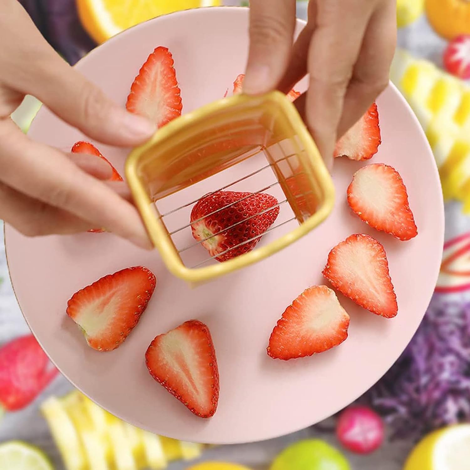 Cortador de tazas – NUEVO Cortador de huevos de taza de fruta, cortador de fresas de plátano de acero inoxidable, fabricación rápida de frutas