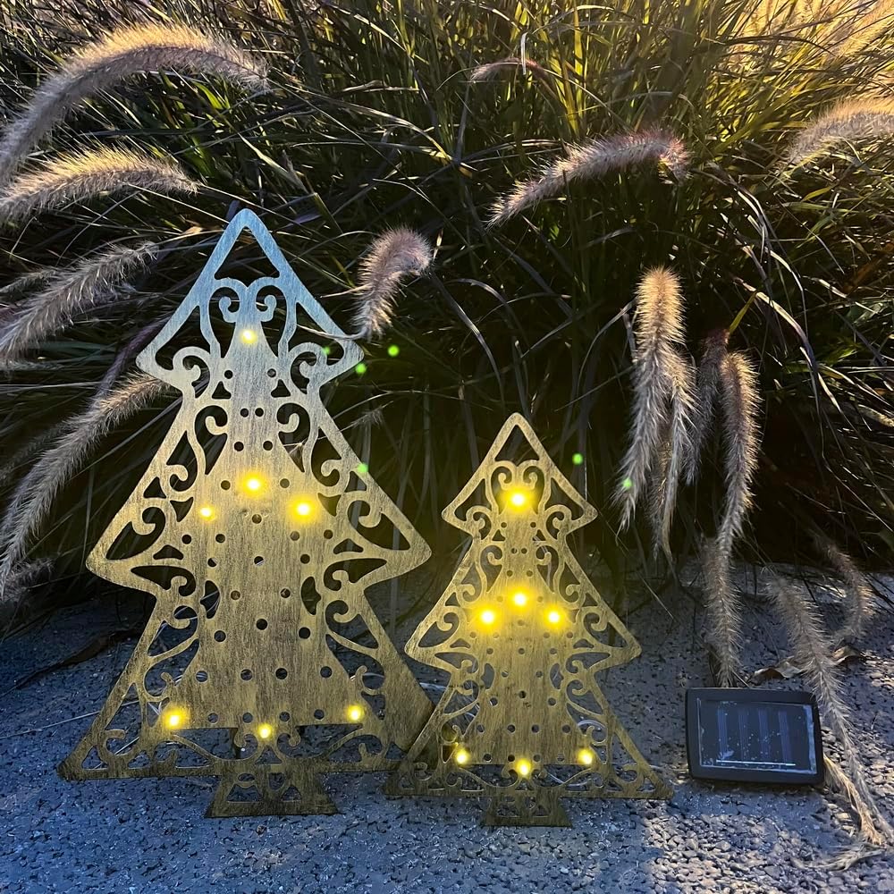 ARTCOS Árbol de Navidad, 14 luces LED, energía solar, paisaje, camino, lámpara de ambiente blanco cálido para patio al aire libre, patio, pasarela,