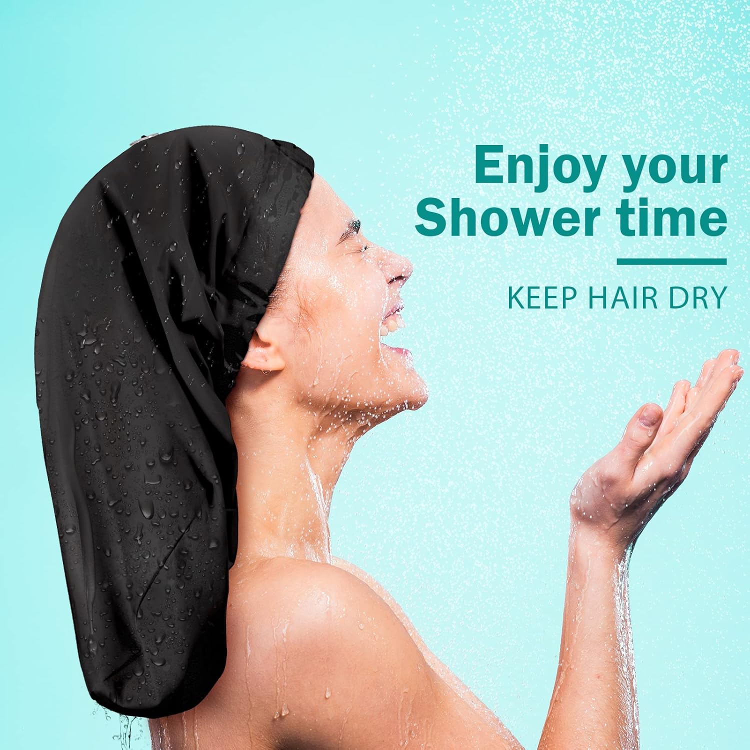 Gorro de ducha grande para mujer, gorro de ducha ajustable, gorro de ducha negro, gorro de ducha impermeable para mujeres de cabello largo (grande,