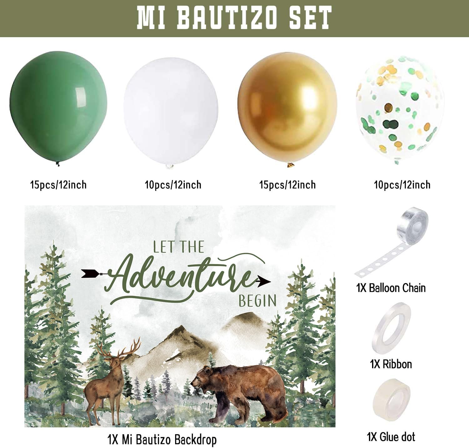 Adventure Awaits – Decoraciones para baby shower con texto en inglés “Let The Adventure Begin”, kit de arco de guirnalda de globos verde salvia para