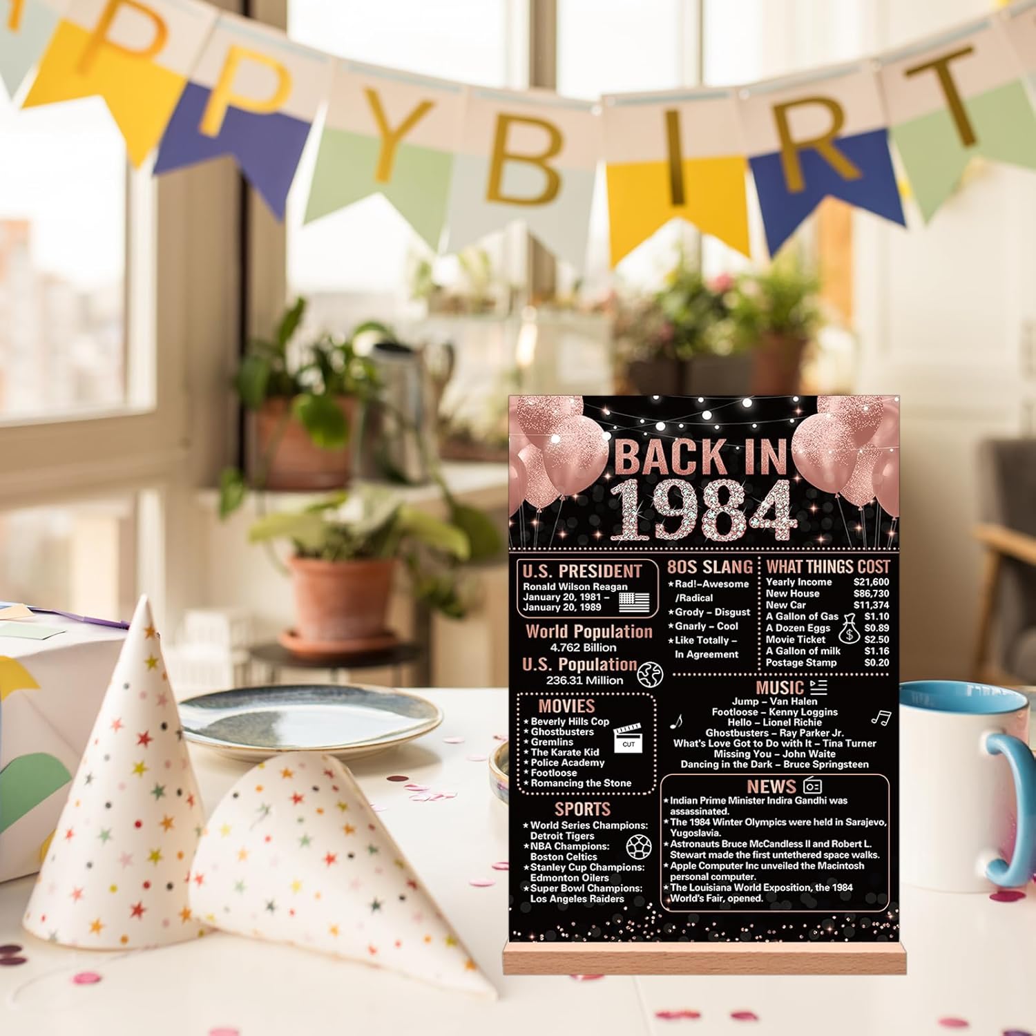 Trgowaul Decoraciones de aniversario de 40 cumpleaños para mujer, póster de cumpleaños de color oro rosa en 1984, letrero de mesa acrílico con
