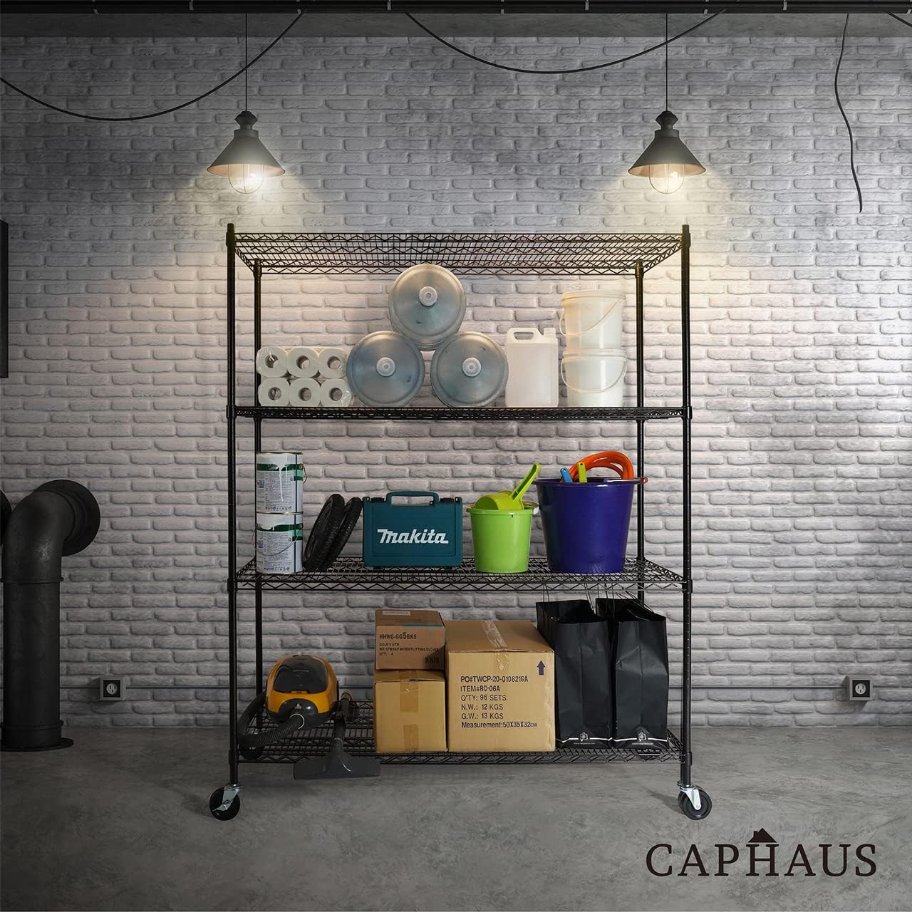 CAPHAUS Estantería de alambre de altura ajustable de 4 niveles de grado comercial con ruedas y pies de nivelación, estante de acero metálico de