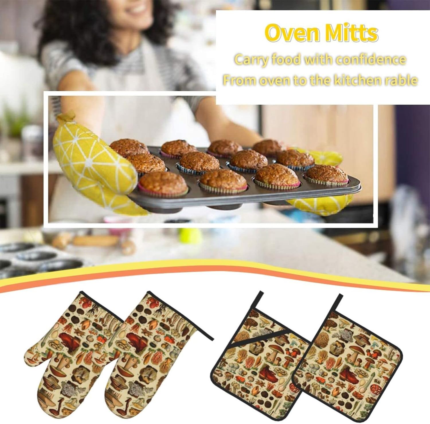 DONMYER Juego de 4 guantes de horno de hongos y soportes para ollas, juego de guantes de cocina para hongos, resistentes al calor, agarraderas de