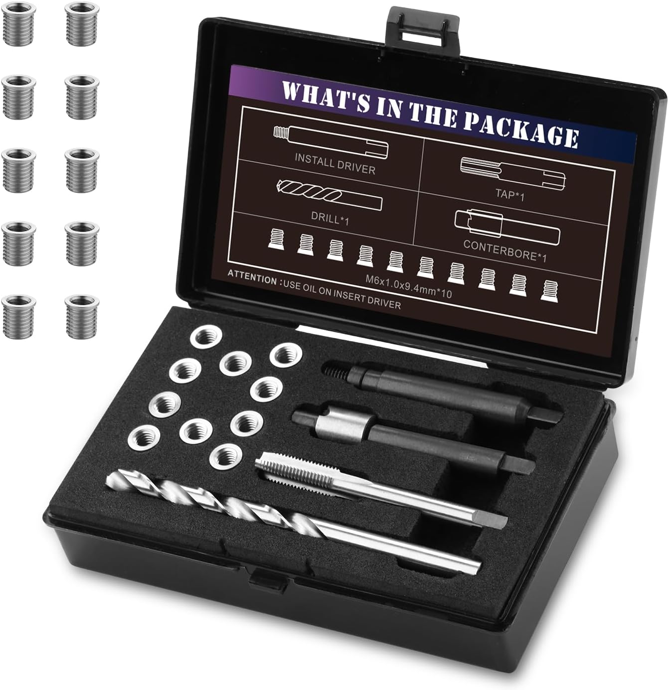 SENNMONN Kit de reparación de rosca M6X1.0 con taladro HSS de inserción de 0.370 in, grifo, controlador de instalación, avellanado, inserto de acero