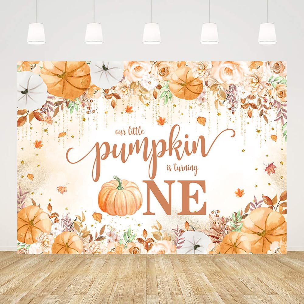 Fondo de calabaza para el primer cumpleaños, decoración de otoño con diseño de calabaza para el primer cumpleaños, pancarta con texto en inglés “Our